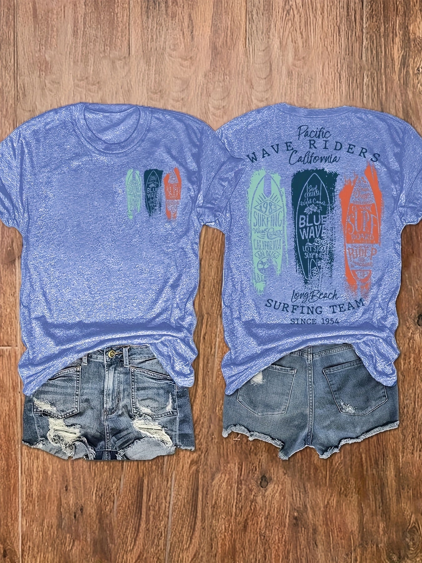 [Vintage Surf Tee] Soft Vintage Women's Surf Graphic Print T-Shirt | Crew Neck Short Sleeve Top with Beach Surfing Team Design, Machine Washable Casual Summer & Spring Tee, Beach Gear, Vacation Clothing, Laidback Style, Comfortable Tee, Surfthemed Shirt,