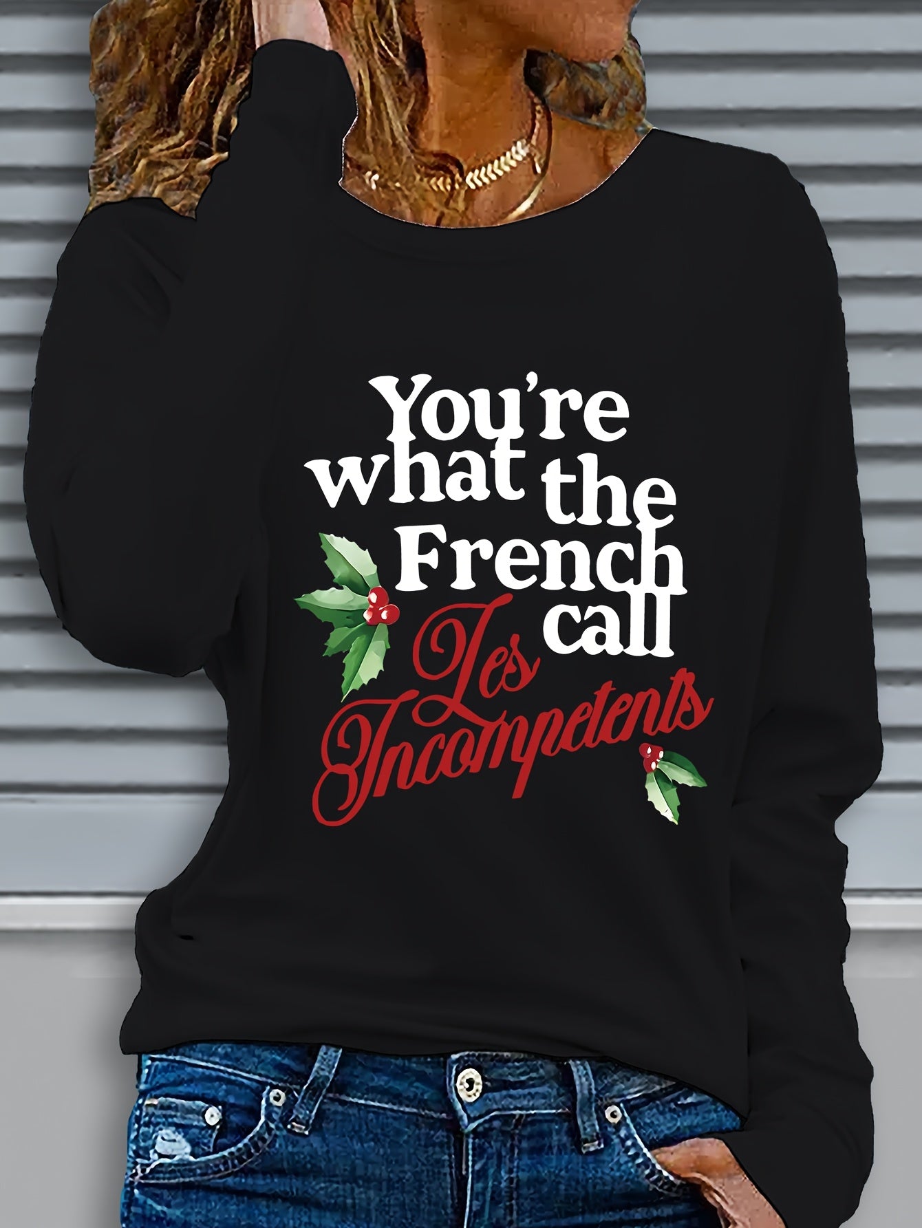 Christmas Themed Long Sleeve Crew Neck Top - 1pc Women's Casual Polyester Knit Fabric with Graphic Print and Slight Stretch - Regular Fit, Fall/Winter Collection