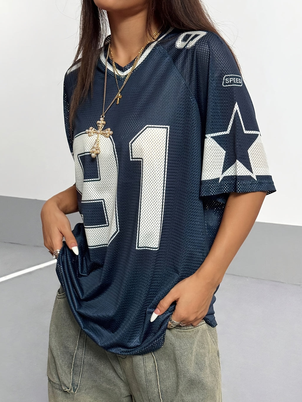 Women's Sporty V-Neck Mesh T-Shirt - Breathable 91 Graphic Print, Navy Blue & White Athletic Top for Spring/Summer, Machine Washable Casual & Workout Wear, Ladies T Shirts