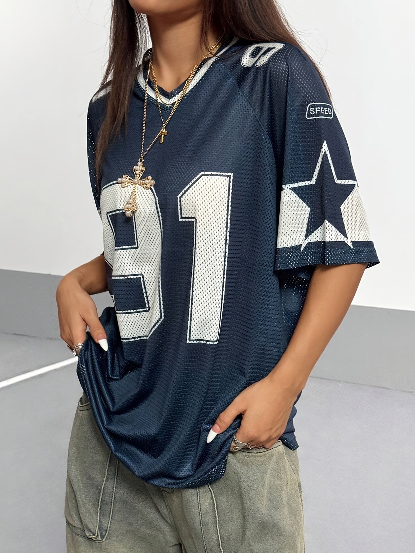 Women's Sporty V-Neck Mesh T-Shirt - Breathable 91 Graphic Print, Navy Blue & White Athletic Top for Spring/Summer, Machine Washable Casual & Workout Wear, Ladies T Shirts