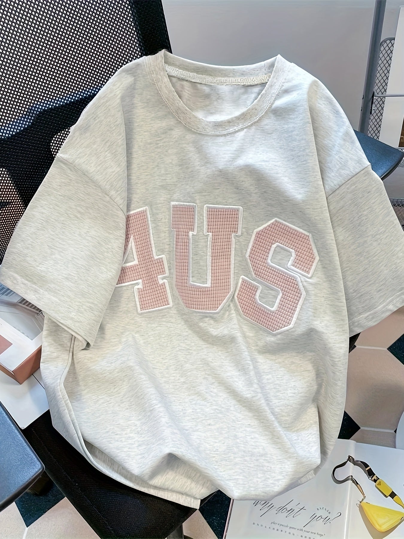Women's Vintage Graphic T-Shirt - Light Grey with AUIS Red Lettering, Relaxed Fit Casual Everyday Tee for Spring/Summer Outfits, Spring Summer Apparel, Retro Print Shirt, Semitransparent Material