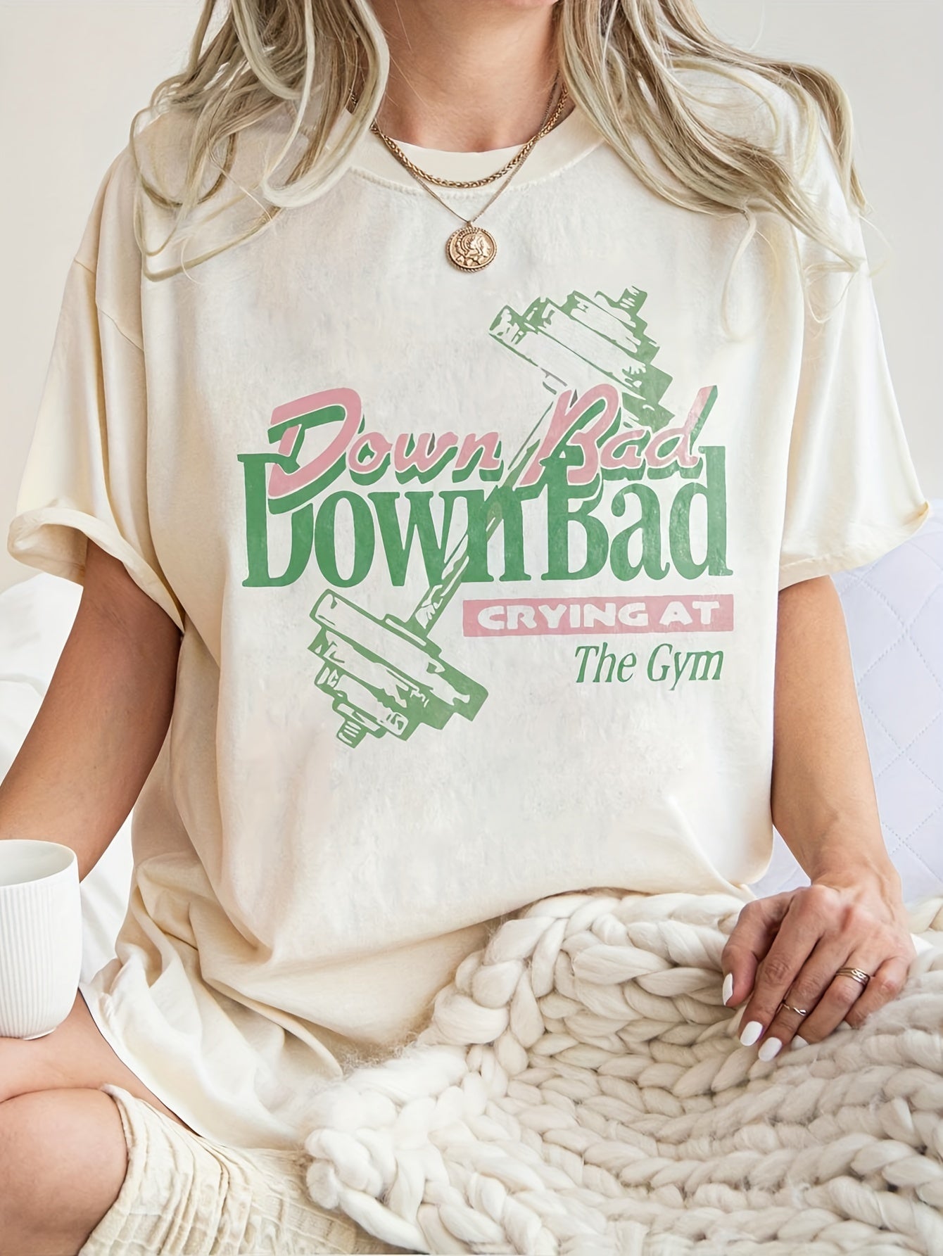 [Fun Graphic Tee] Light Beige Relaxed Fit Women's Casual " Bad Bad Crying at the Gym" Graphic T-Shirt | Round Neck Tee with Dumbbell Design, Machine Washable Workout & Everyday Top, Gym Shirts, Playful Print, Allseason Wear