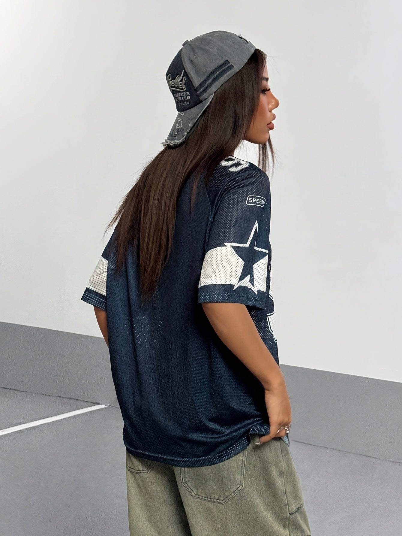 Women's Sporty V-Neck Mesh T-Shirt - Breathable 91 Graphic Print, Navy Blue & White Athletic Top for Spring/Summer, Machine Washable Casual & Workout Wear, Ladies T Shirts