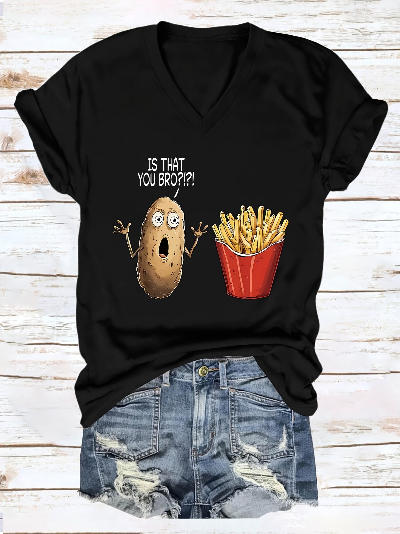 Women'S Casual V-Neck T-Shirt with Funny "Is That You Bro?" Potato & Fries Graphic - Soft Blue Short Sleeve Tee for Casual Attire, Ladies T Shirts