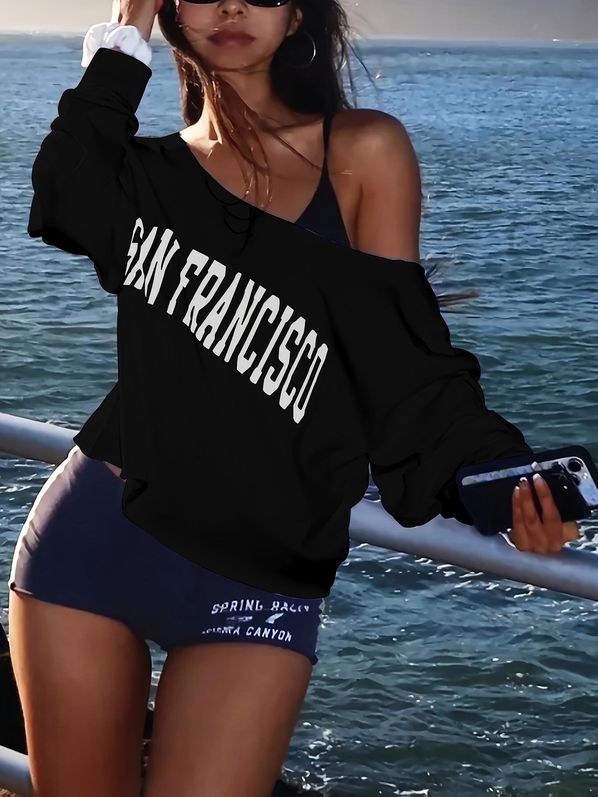 Women's Off-Shoulder Long Sleeve T-Shirt with SAN FRANCISCO Letter Print - Black & White Casual Chic Top for Spring/Summer, Machine Washable, Ladies T Shirts, Summer Fashion, Comfortable Fit