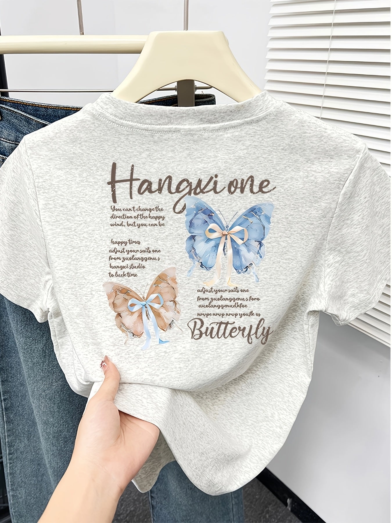 Women'S Slim-Fit Butterfly Print T-Shirt - "Hangin' One" Design with Blue & Brown Butterflies, Casual Short Sleeve Top for Spring/Summer, Butterfly Shirt