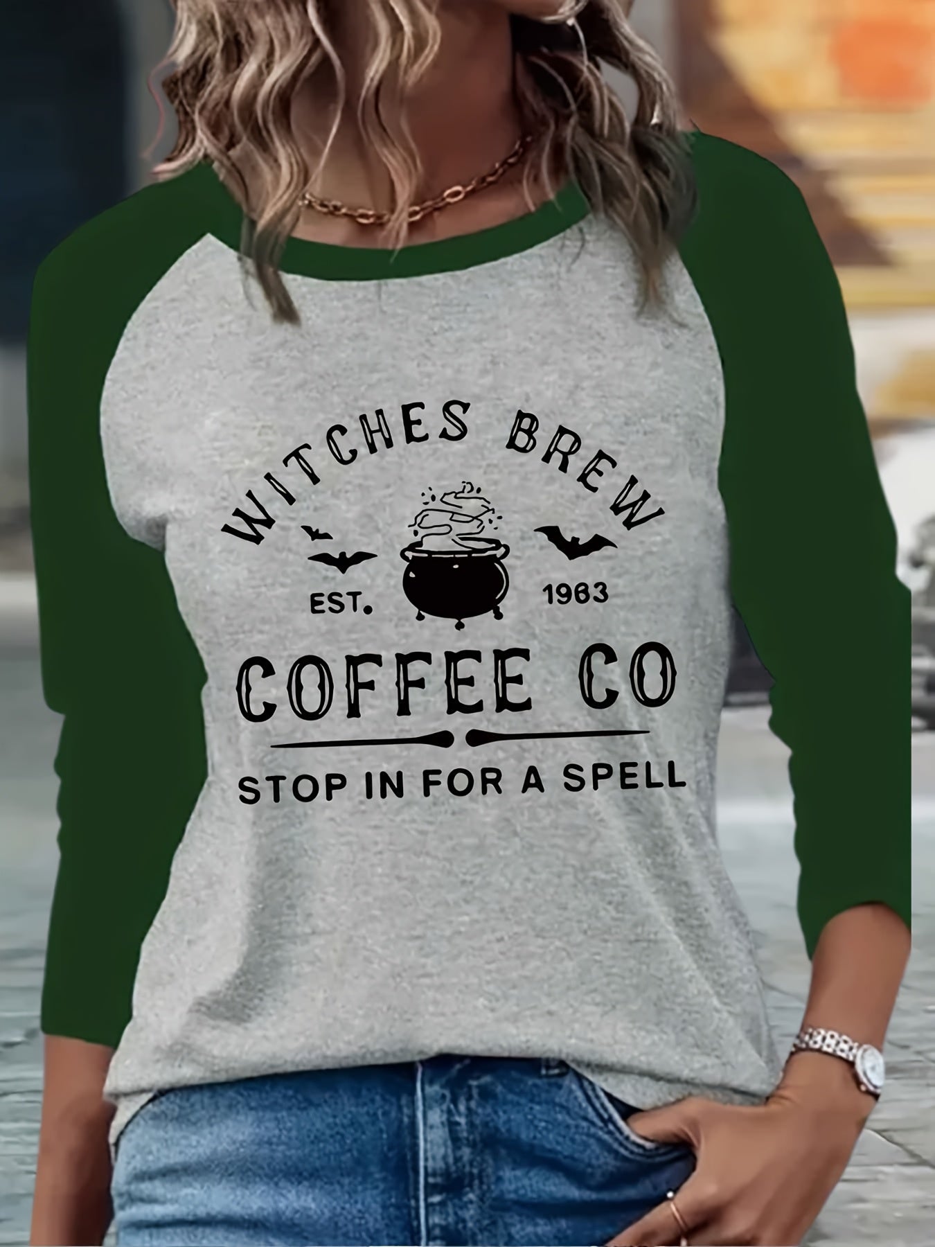 [Witch Brew Coffee Tee] Halloween Witch Brew Coffee Graphic Tee - Women's Dark Grey Casual T-Shirt, Relaxed Fit Long Sleeve Shirt for Everyday & Costume Parties, Festive Apparel, Medium Elasticity Fabric