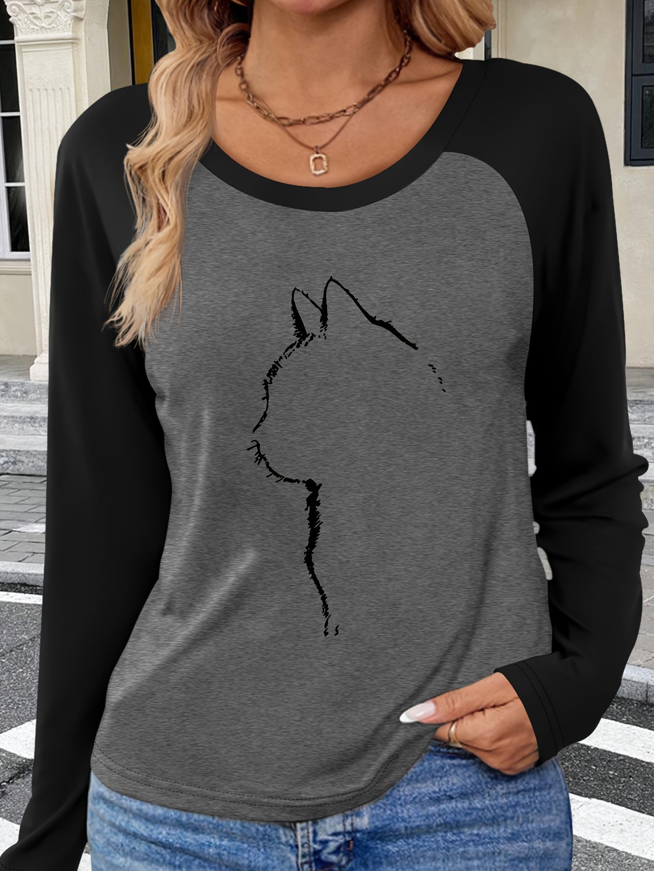 Patterned Raglan Sleeve Long-Sleeve T-Shirt for Autumn And Winter