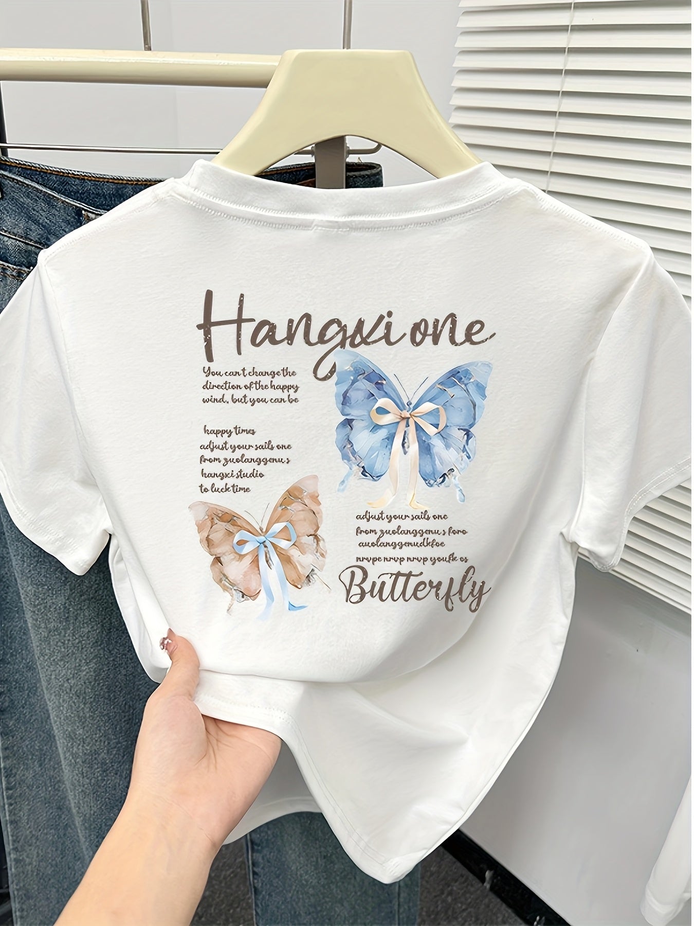Women'S Slim-Fit Butterfly Print T-Shirt - "Hangin' One" Design with Blue & Brown Butterflies, Casual Short Sleeve Top for Spring/Summer, Butterfly Shirt