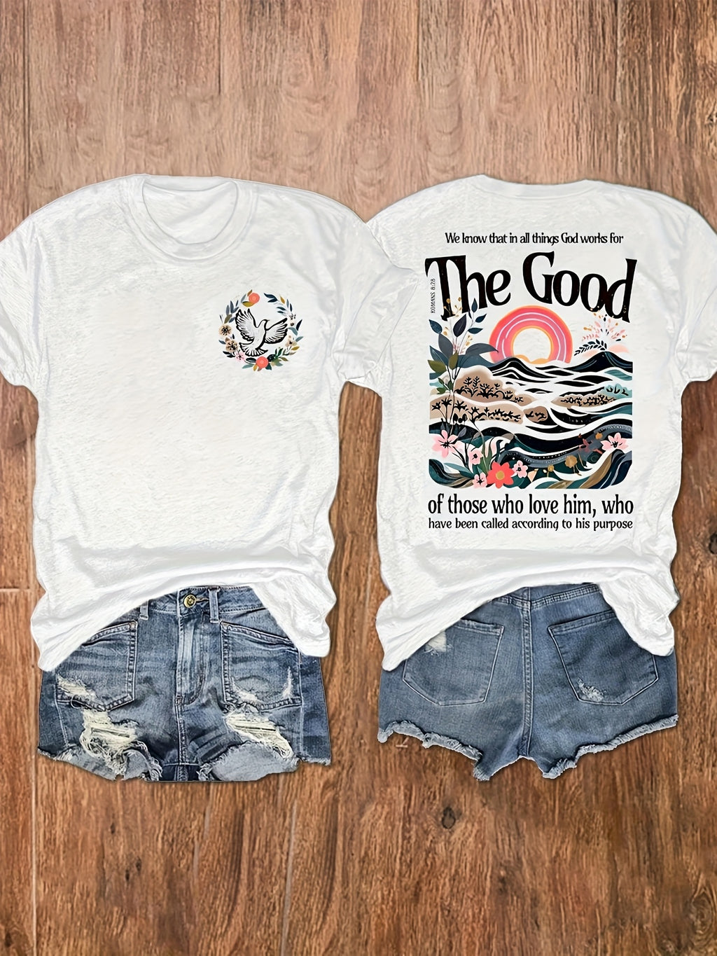 Women's Inspirational "The Good" Floral & Mountain Graphic Print T-Shirt - Soft Stretch Crew Neck Short Sleeve Casual Top, Machine Washable Regular Fit Tee for Summer & Spring, Ladies T Shirts, Vacation Clothing, Artistic Design, Nontransparent Material