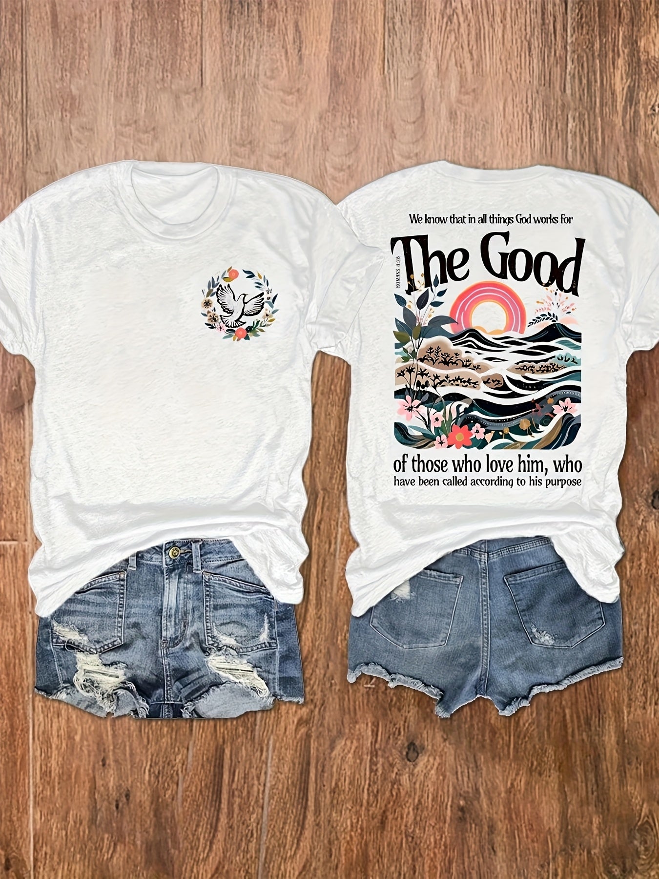 Women's Inspirational "The Good" Floral & Mountain Graphic Print T-Shirt - Soft Stretch Crew Neck Short Sleeve Casual Top, Machine Washable Regular Fit Tee for Summer & Spring, Ladies T Shirts, Vacation Clothing, Artistic Design, Nontransparent Material
