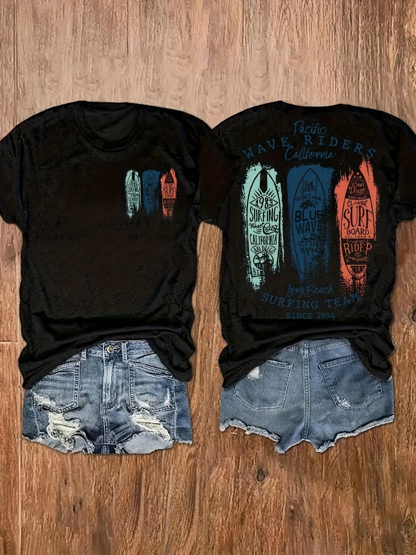 [Vintage Surf Tee] Soft Vintage Women's Surf Graphic Print T-Shirt | Crew Neck Short Sleeve Top with Beach Surfing Team Design, Machine Washable Casual Summer & Spring Tee, Beach Gear, Vacation Clothing, Laidback Style, Comfortable Tee, Surfthemed Shirt,