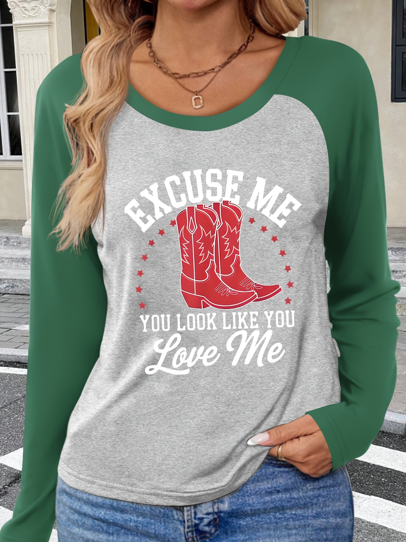 Patterned Raglan Sleeve Long-Sleeve T-Shirt for Autumn And Winter