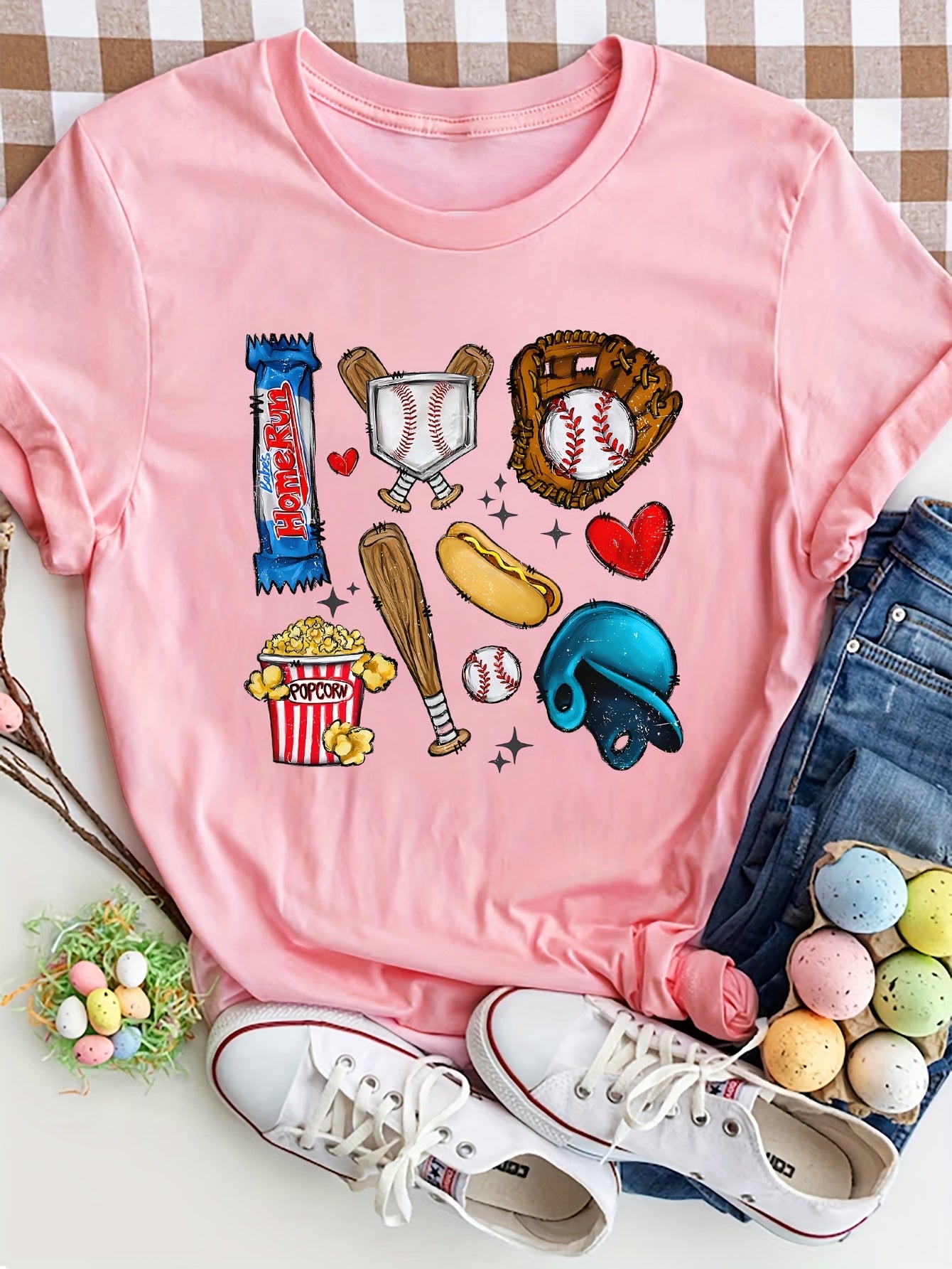 Women's Baseball & Candy Graphic Print T-Shirt - Vibrant Turquoise Short Sleeve Crew Neck Casual Top, Lightweight Summer & Spring Tee with Sporty Popcorn & Heart Design, Machine Washable, Baseball T Shirts, Relaxed Weekend Style, Fun Geometric Design,