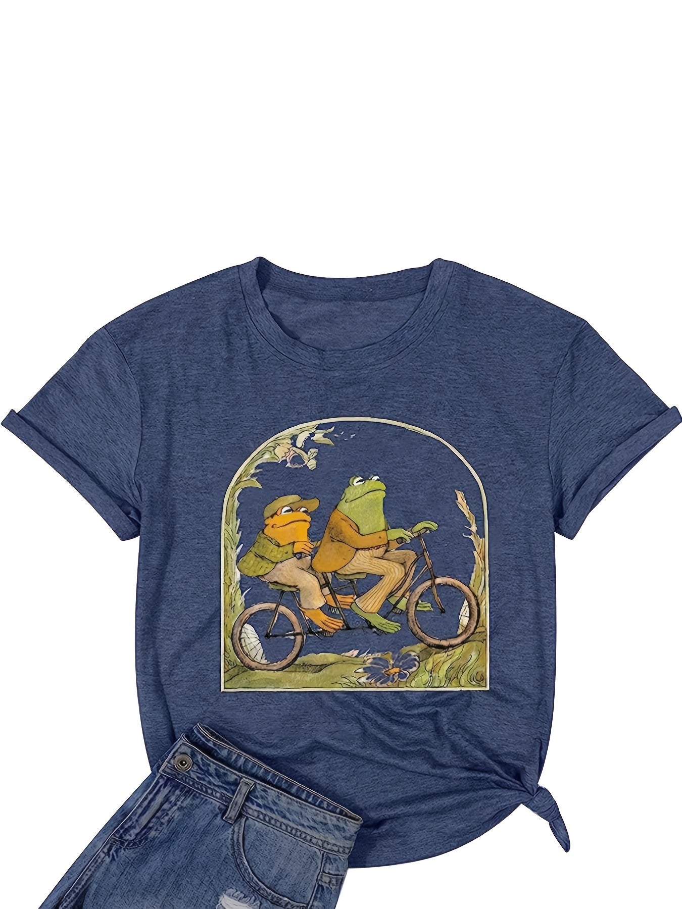 Cartoon Frog Print Crew Neck T-Shirt, Casual Short Sleeve Top For Spring & Summer, Women's Clothing