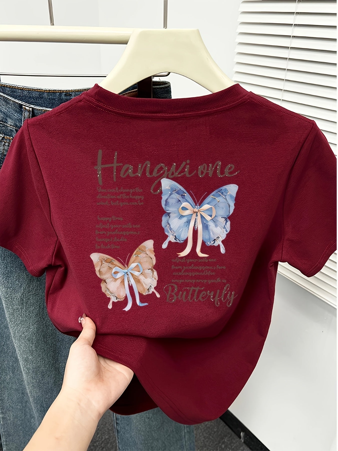 Women'S Slim-Fit Butterfly Print T-Shirt - "Hangin' One" Design with Blue & Brown Butterflies, Casual Short Sleeve Top for Spring/Summer, Butterfly Shirt