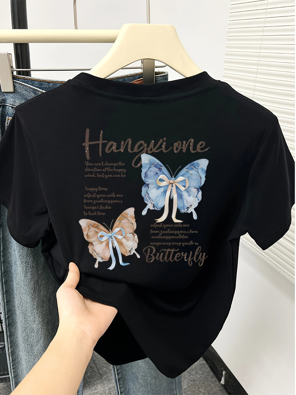 Women'S Slim-Fit Butterfly Print T-Shirt - "Hangin' One" Design with Blue & Brown Butterflies, Casual Short Sleeve Top for Spring/Summer, Butterfly Shirt