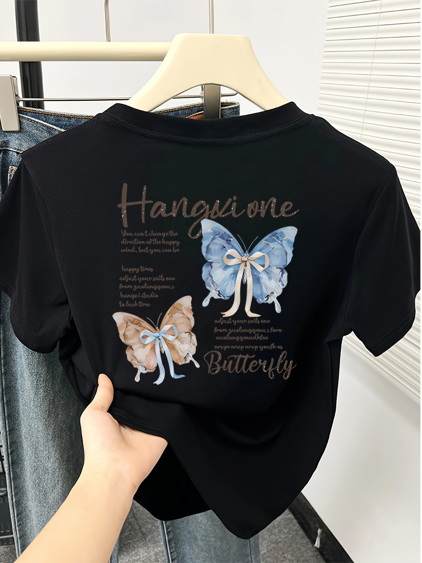 Women'S Slim-Fit Butterfly Print T-Shirt - "Hangin' One" Design with Blue & Brown Butterflies, Casual Short Sleeve Top for Spring/Summer, Butterfly Shirt