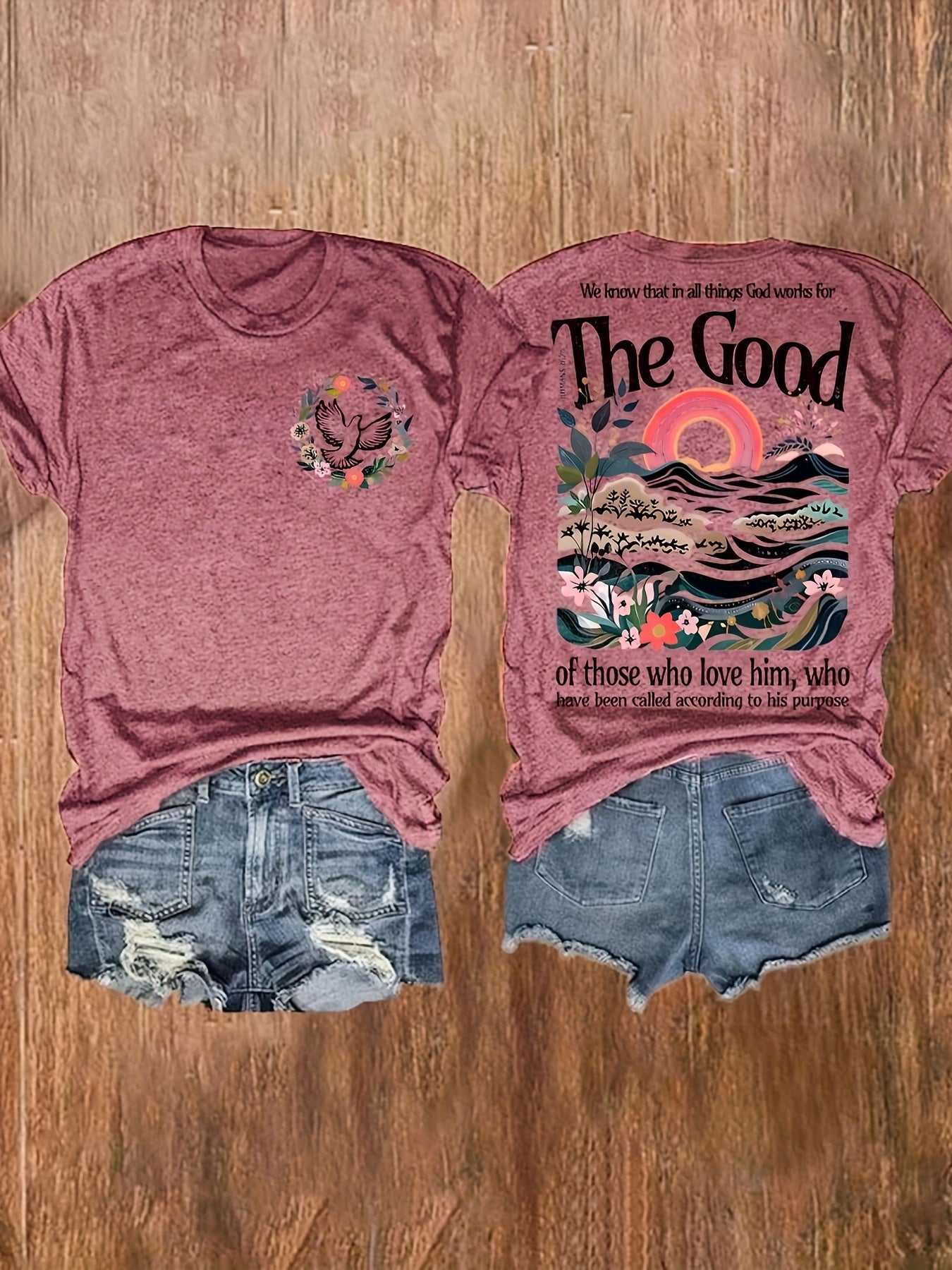 Women's Inspirational "The Good" Floral & Mountain Graphic Print T-Shirt - Soft Stretch Crew Neck Short Sleeve Casual Top, Machine Washable Regular Fit Tee for Summer & Spring, Ladies T Shirts, Vacation Clothing, Artistic Design, Nontransparent Material