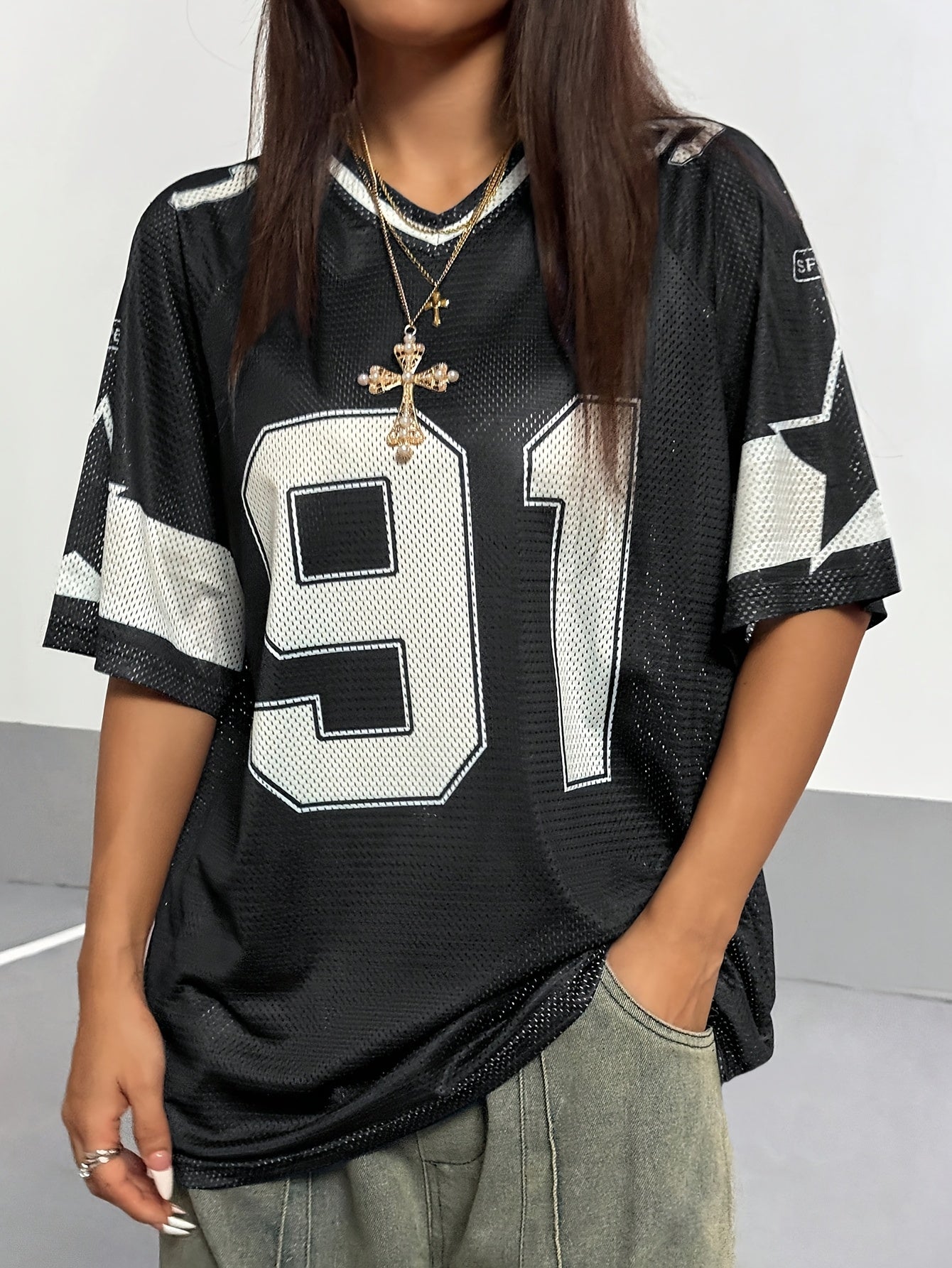 Women's Sporty V-Neck Mesh T-Shirt - Breathable 91 Graphic Print, Navy Blue & White Athletic Top for Spring/Summer, Machine Washable Casual & Workout Wear, Ladies T Shirts