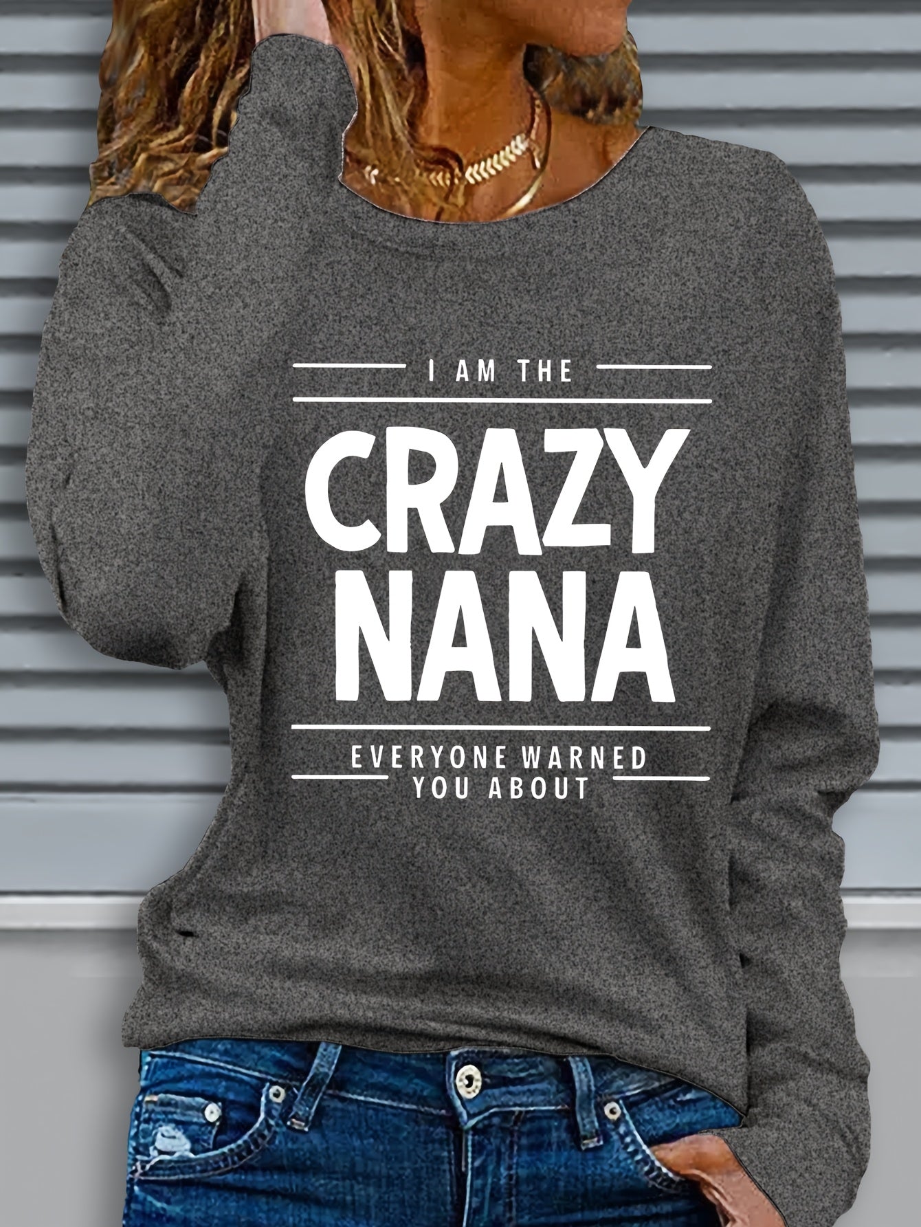 Women'S "Crazy Nana" Letter Print Long Sleeve Crew Neck T-Shirt, Casual Knit Polyester Top with Slight Stretch, Regular Fit Pullovers for Fall/Winter - 100% Polyester, 180g/m²