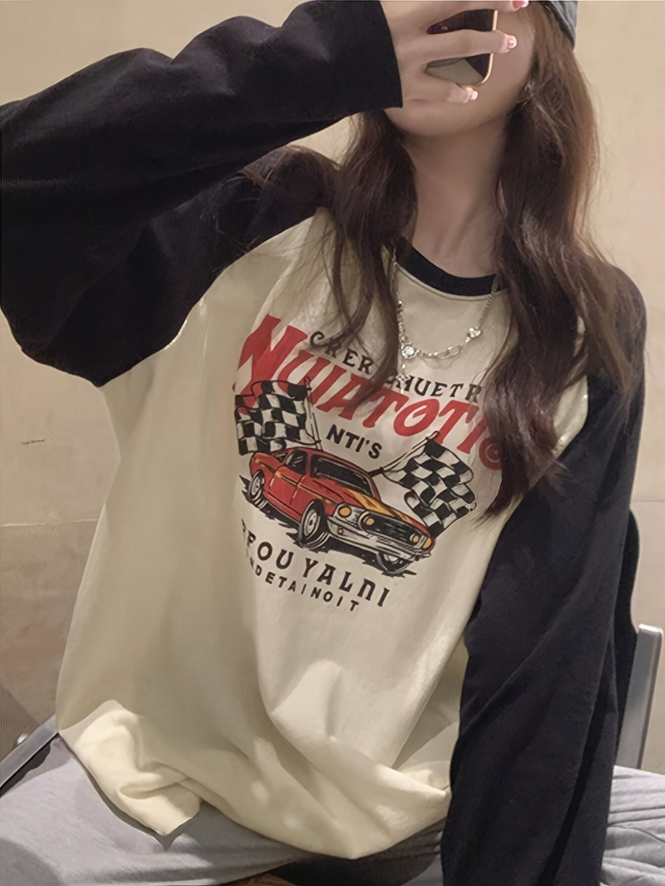 Women'S Y2K Fashion Printed Long Sleeve T-Shirt, Crew Neck, Color Block, Raglan Sleeves, Loose Fit, Knit Fabric, Polyester 95% Elastane 5%, All Seasons, Regular Length - 180gsm
