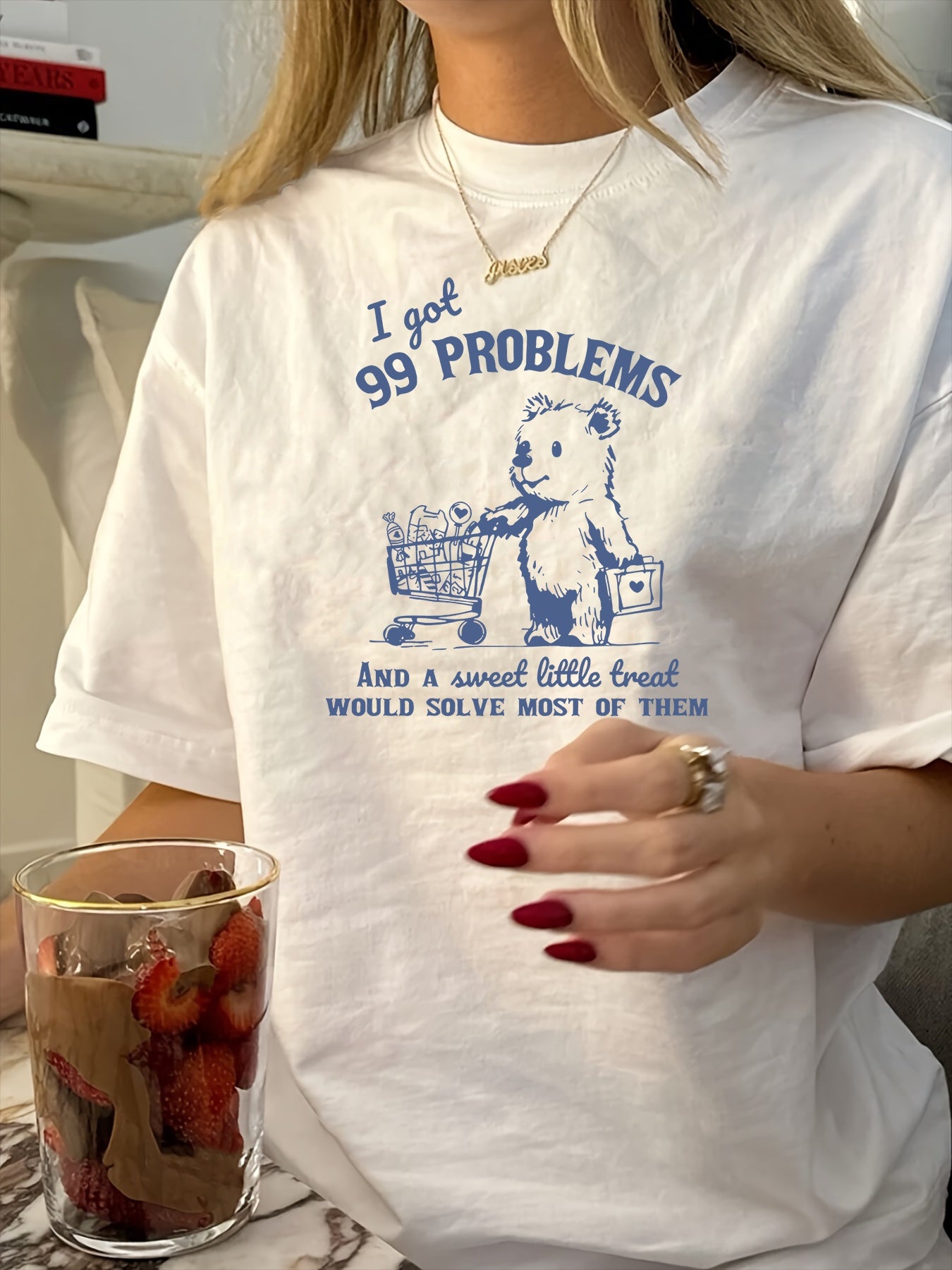 1pc Vintage Style Women'S T-Shirt, Casual Round Neck Short Sleeve Top with Geometric Bear Print, Polyester Regular Length Summer Tee