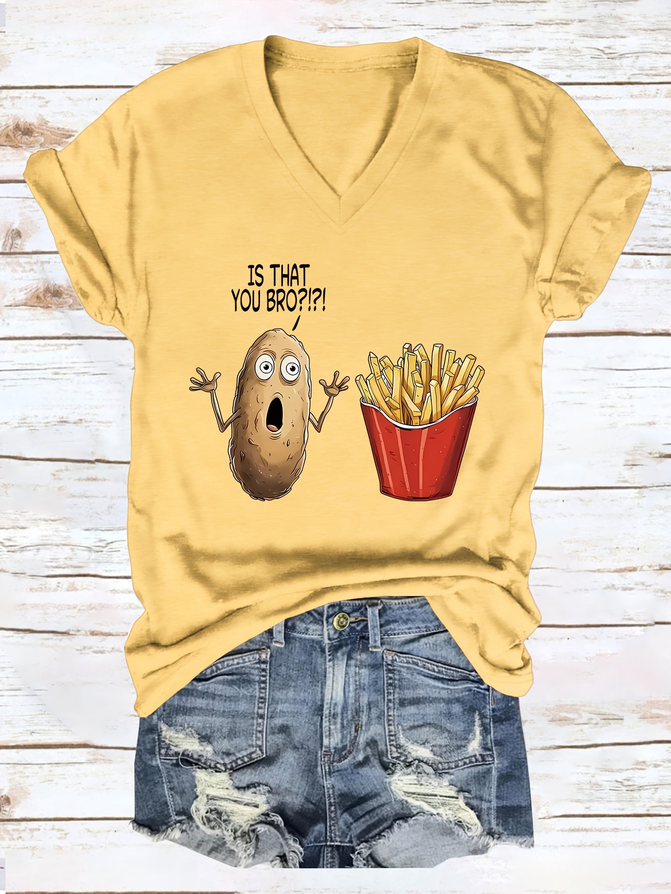 Women'S Casual V-Neck T-Shirt with Funny "Is That You Bro?" Potato & Fries Graphic - Soft Blue Short Sleeve Tee for Casual Attire, Ladies T Shirts