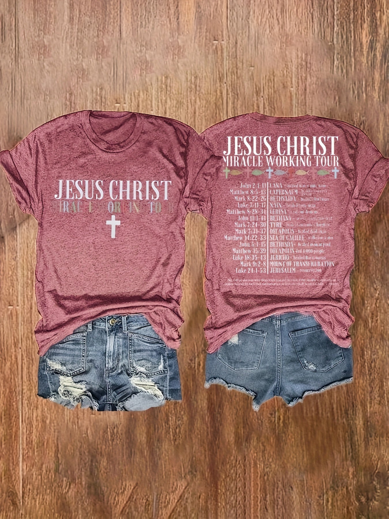 [Christian Faith Tee] Black Christian Faith Women's Jesus Christ Miracle Working Tour Graphic T-Shirt | Stretchy Round Neck Short Sleeve Top for Casual Wear & Vacation Outfits with Cross Design