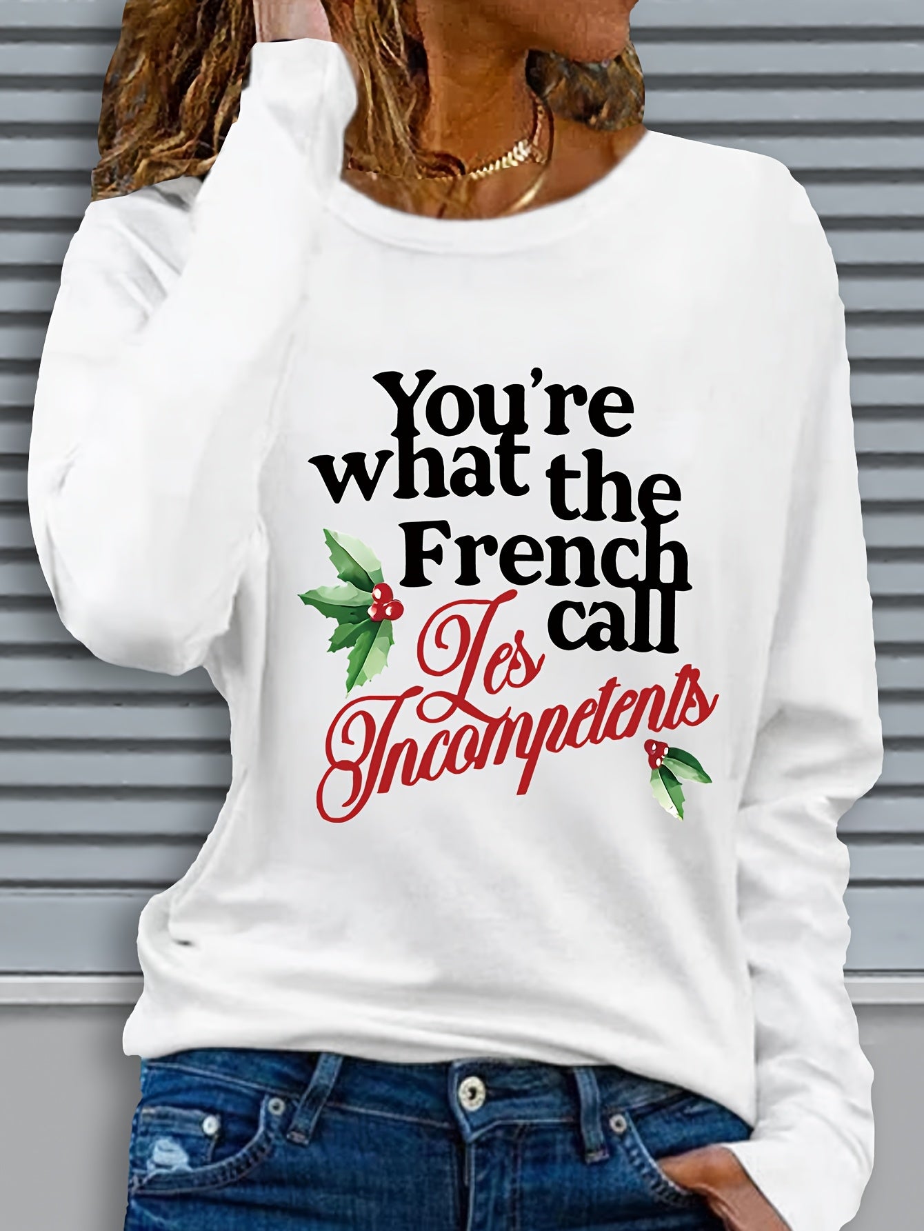 Christmas Themed Long Sleeve Crew Neck Top - 1pc Women's Casual Polyester Knit Fabric with Graphic Print and Slight Stretch - Regular Fit, Fall/Winter Collection