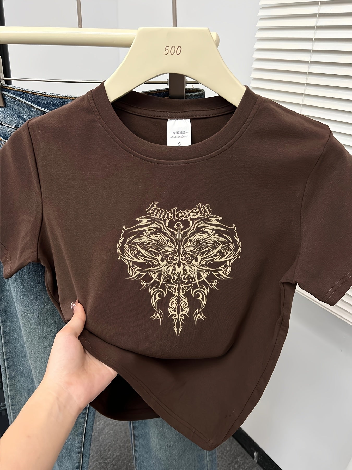 Women'S Slim Fit Short Sleeve T-Shirt - 2025 New Arrival, Stylish Golden Cross Print, Round Neck, Casual Summer Top, Casual Wear | Trendy Women'S Tee | Glossy Fabri
