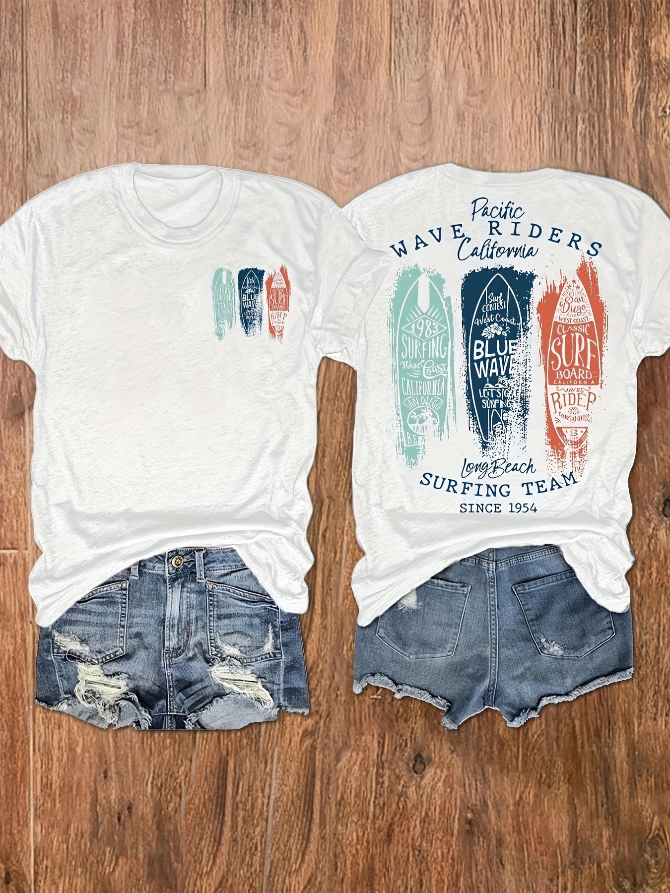 [Vintage Surf Tee] Soft Vintage Women's Surf Graphic Print T-Shirt | Crew Neck Short Sleeve Top with Beach Surfing Team Design, Machine Washable Casual Summer & Spring Tee, Beach Gear, Vacation Clothing, Laidback Style, Comfortable Tee, Surfthemed Shirt,