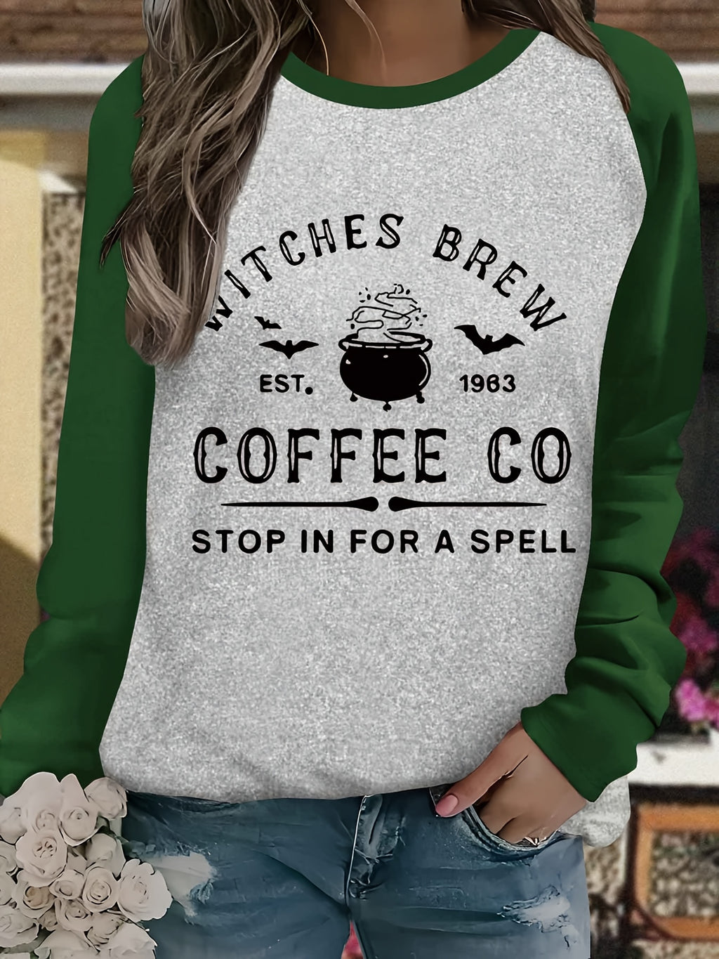 [Witch Brew Coffee Tee] Halloween Witch Brew Coffee Graphic Tee - Women's Dark Grey Casual T-Shirt, Relaxed Fit Long Sleeve Shirt for Everyday & Costume Parties, Festive Apparel, Medium Elasticity Fabric