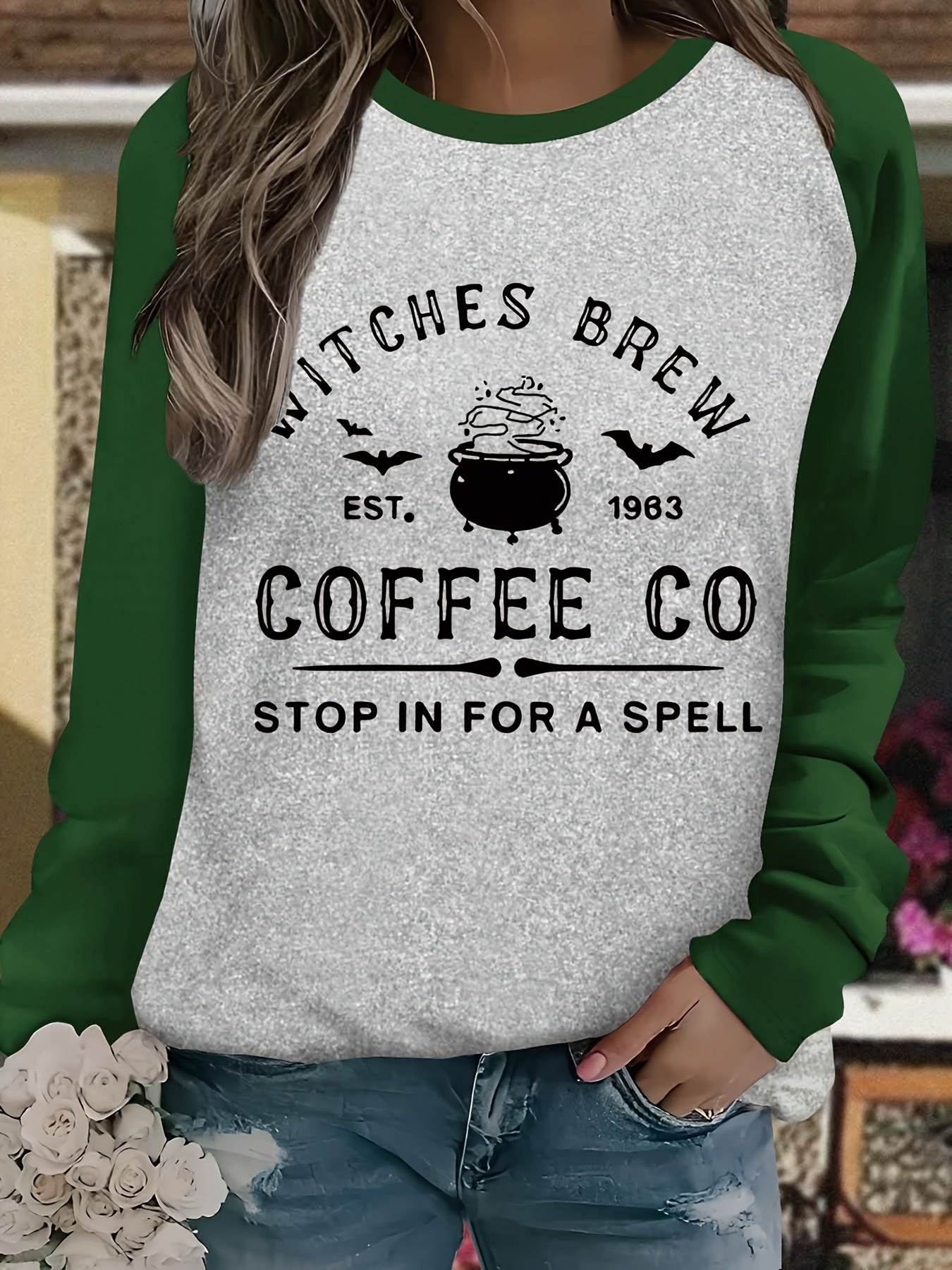 [Witch Brew Coffee Tee] Halloween Witch Brew Coffee Graphic Tee - Women's Dark Grey Casual T-Shirt, Relaxed Fit Long Sleeve Shirt for Everyday & Costume Parties, Festive Apparel, Medium Elasticity Fabric