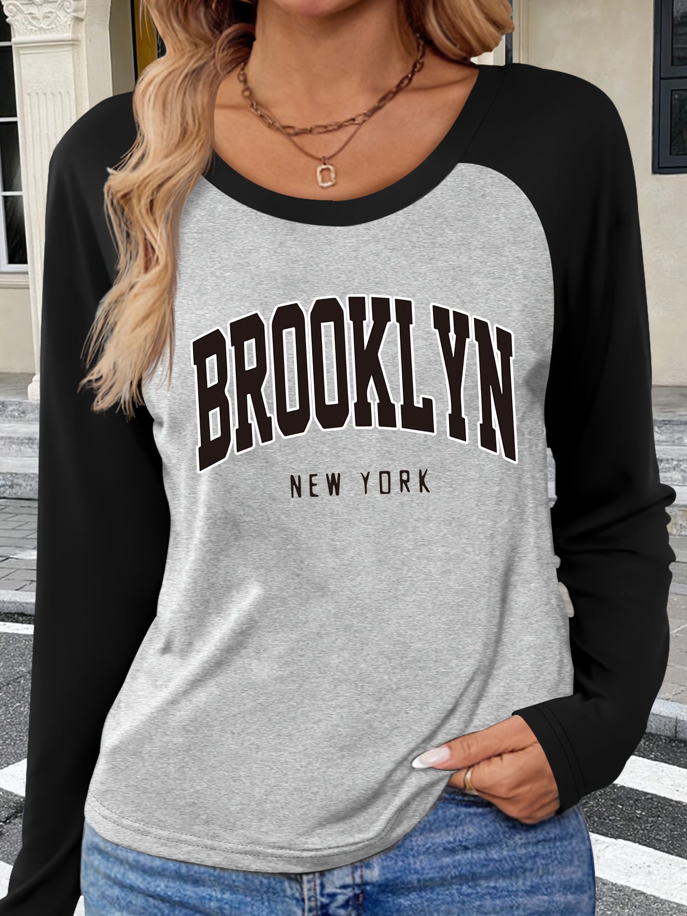 Patterned Raglan Sleeve Long-Sleeve T-Shirt for Autumn And Winter