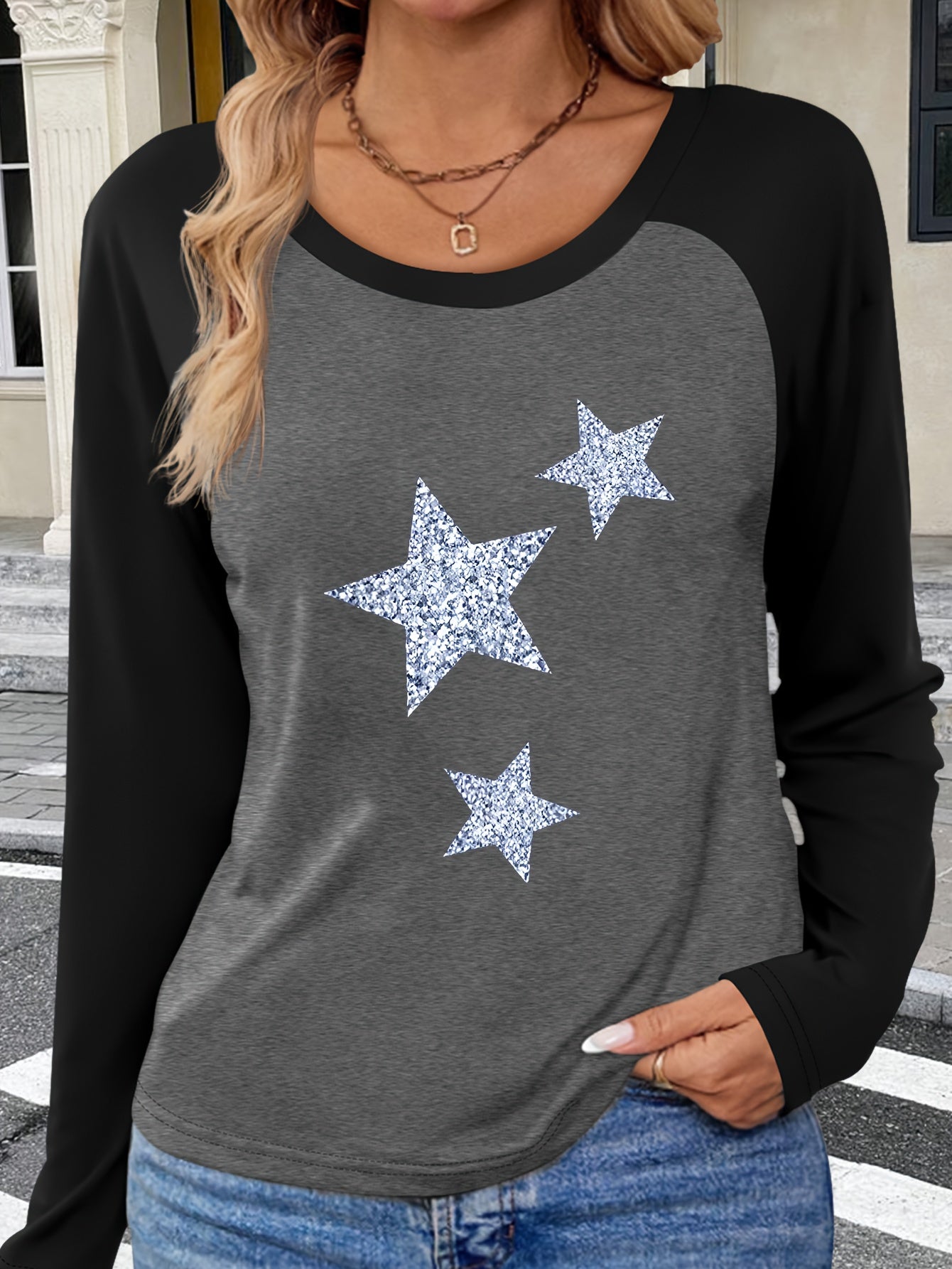 Patterned Raglan Sleeve Long-Sleeve T-Shirt for Autumn And Winter