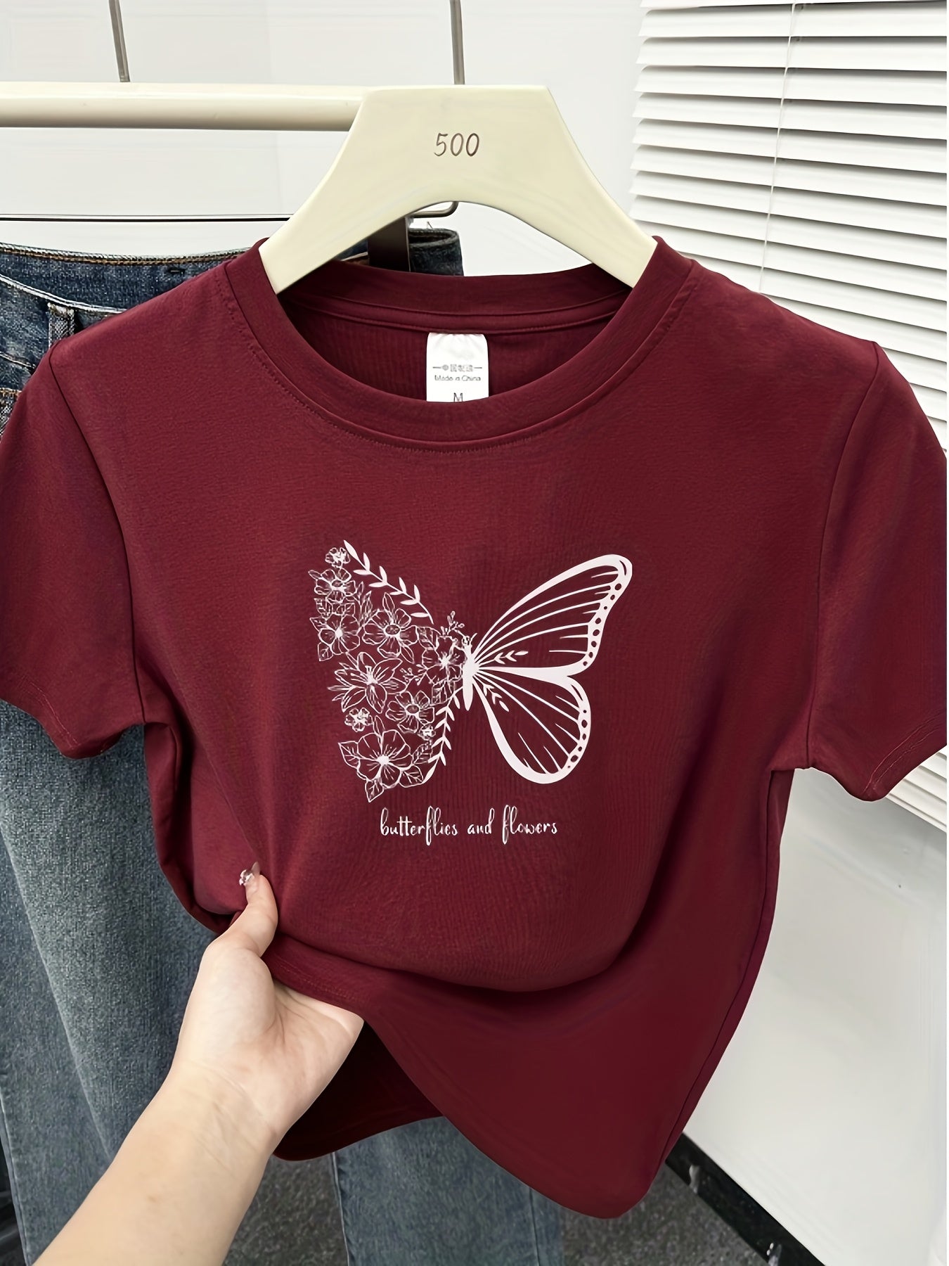 Women's Summer Butterfly Floral Print Short Sleeve T-Shirt - Light Grey Slim Fit Round Neck Casual Streetwear Top, Machine Washable Spring/Summer Fashion Tee, Butterfly Shirt, Comfortable Fabric