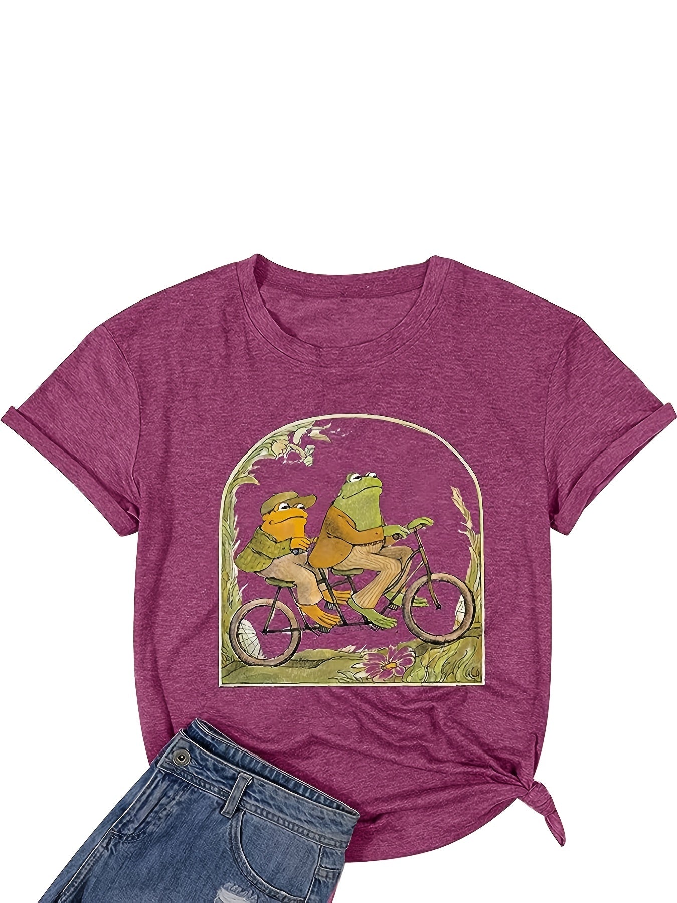Cartoon Frog Print Crew Neck T-Shirt, Casual Short Sleeve Top For Spring & Summer, Women's Clothing