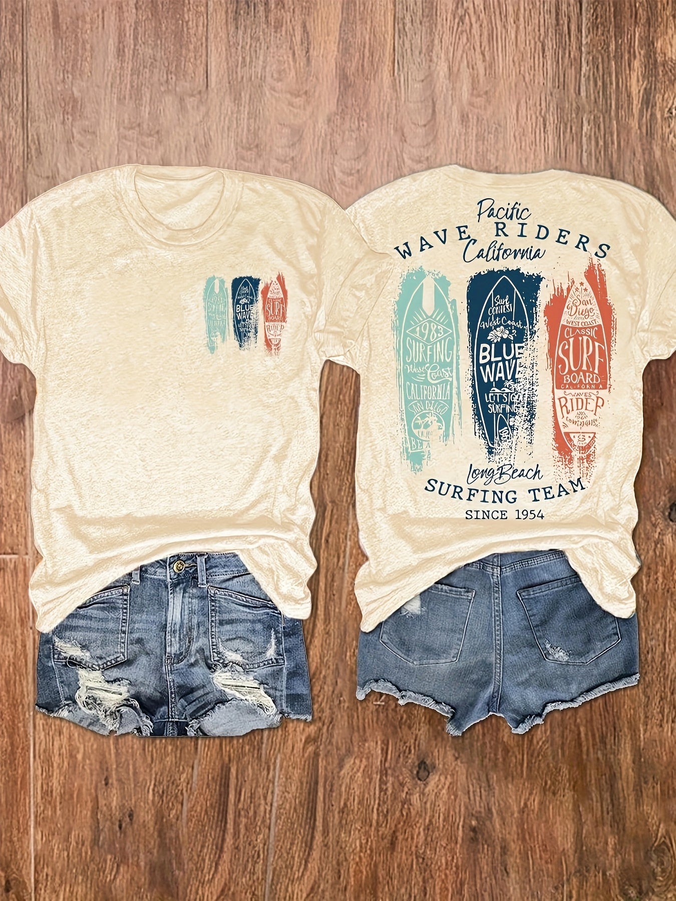[Vintage Surf Tee] Soft Vintage Women's Surf Graphic Print T-Shirt | Crew Neck Short Sleeve Top with Beach Surfing Team Design, Machine Washable Casual Summer & Spring Tee, Beach Gear, Vacation Clothing, Laidback Style, Comfortable Tee, Surfthemed Shirt,