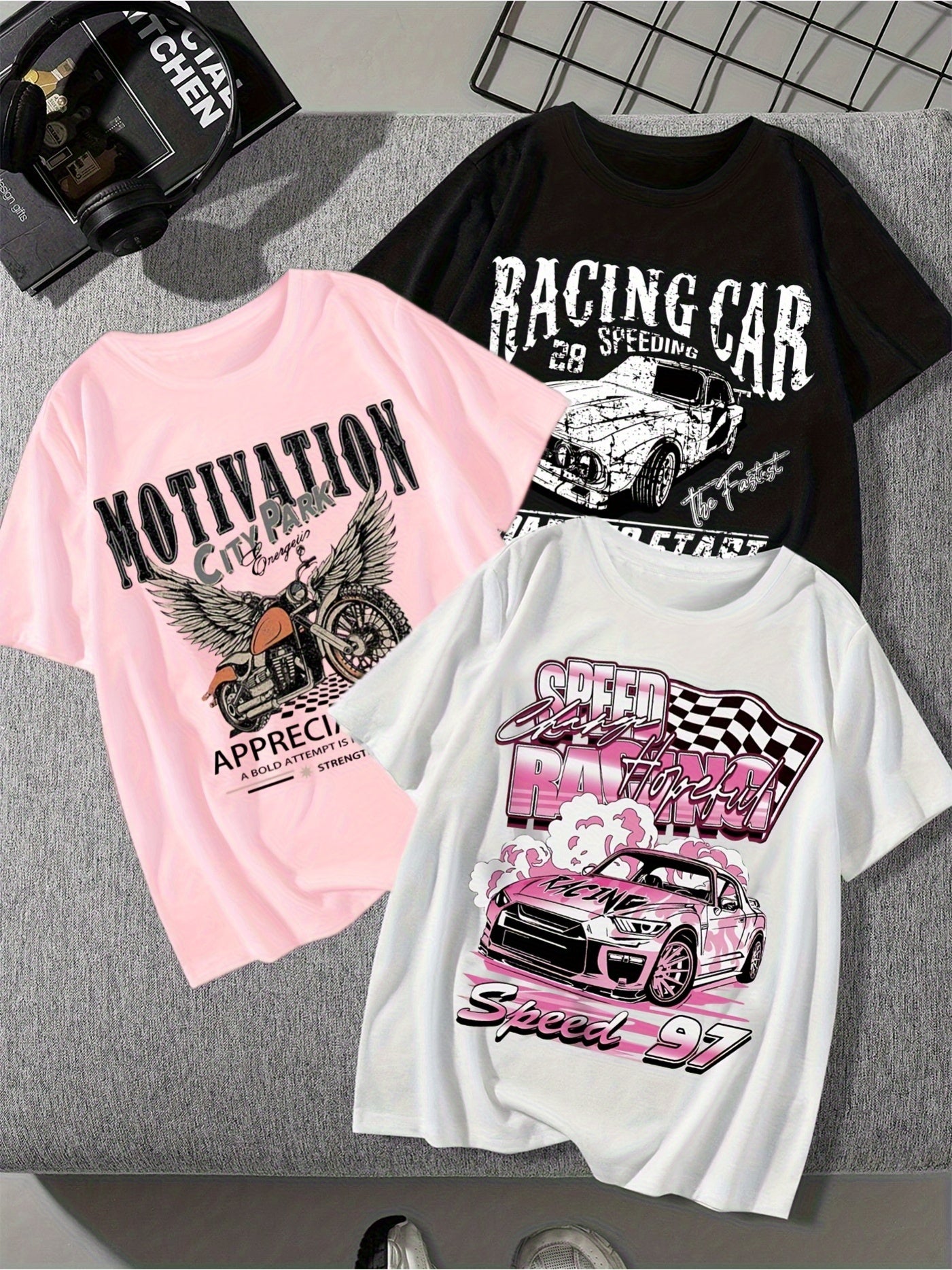 Three-Piece Set Motivational Racing Car Graphic T-Shirts for Women - Pink, Black & White, Casual Crew Neck Short Sleeve Tops with "MOTIVATION" & "SPEED" Print, Perfect for Spring/Summer, Motivational Apparel | Graphic Tee Set | Comfortable Fit,
