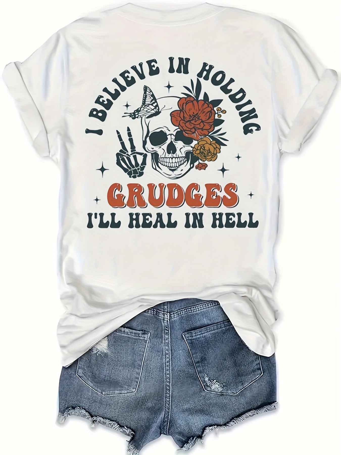 Skull & Letter Print Crew Neck T-shirt, Short Sleeve Casual Top For Summer & Spring, Women's Clothing