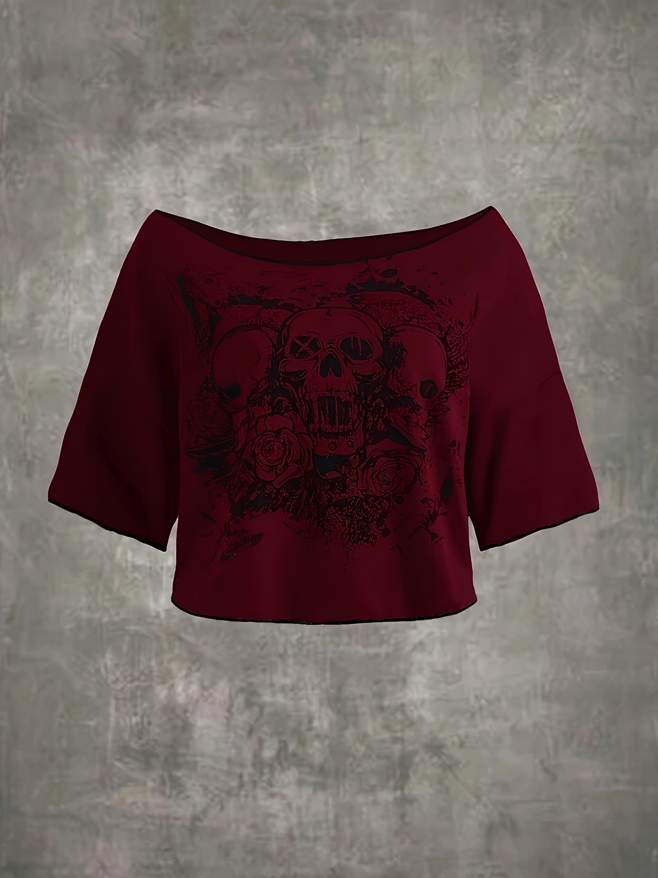Floral Skull Print Slant Shoulder T-Shirt - Vintage Short Sleeve Tee for Spring/Summer, Women's Y2K/Grunge Style
