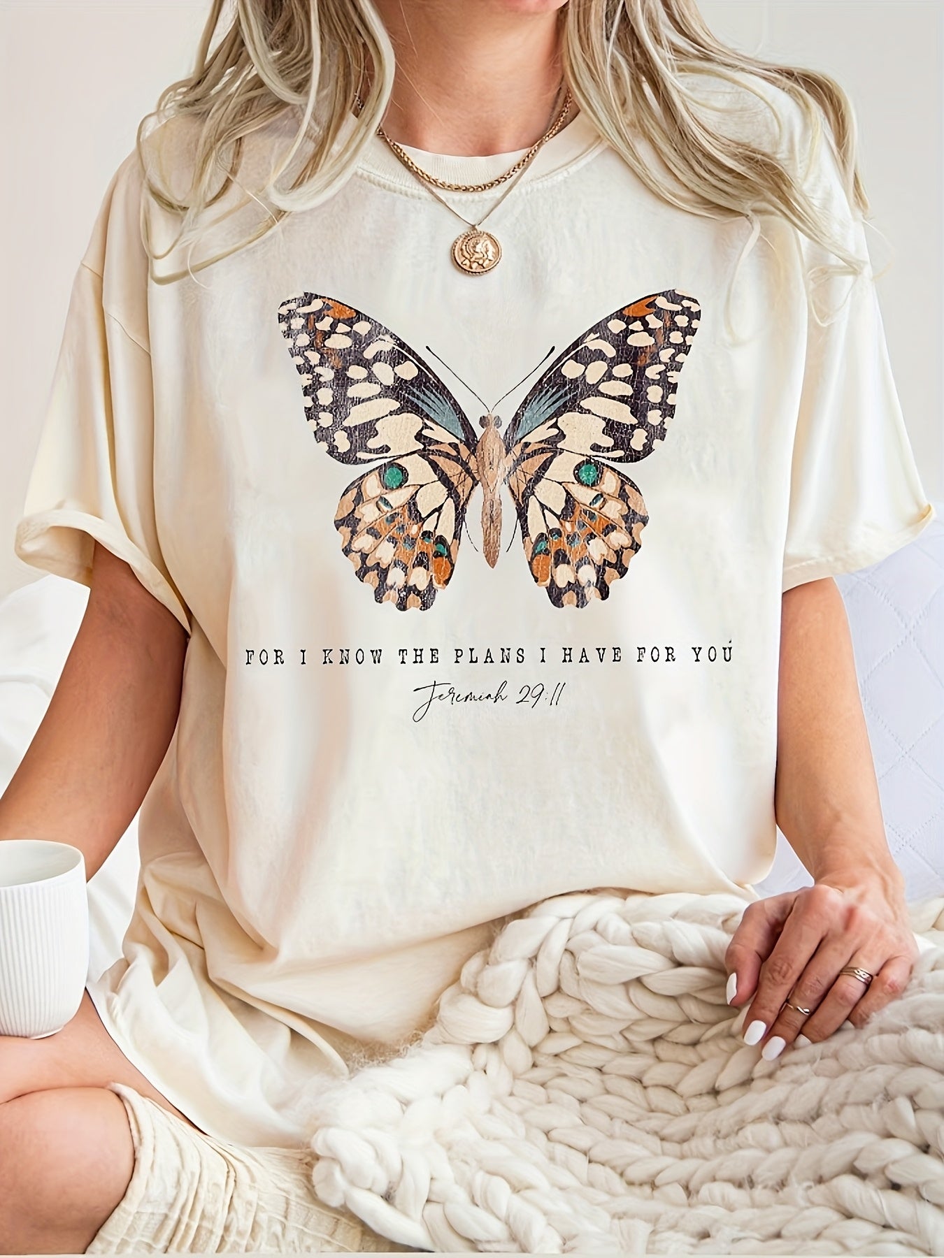 Vintage Style Butterfly Graphic T-Shirt, Polyester Blend, Crew Neck, Knit Fabric, Regular Length, Animal Pattern, with Inspirational Scripture Quote for Spring/Summer Faith Tee