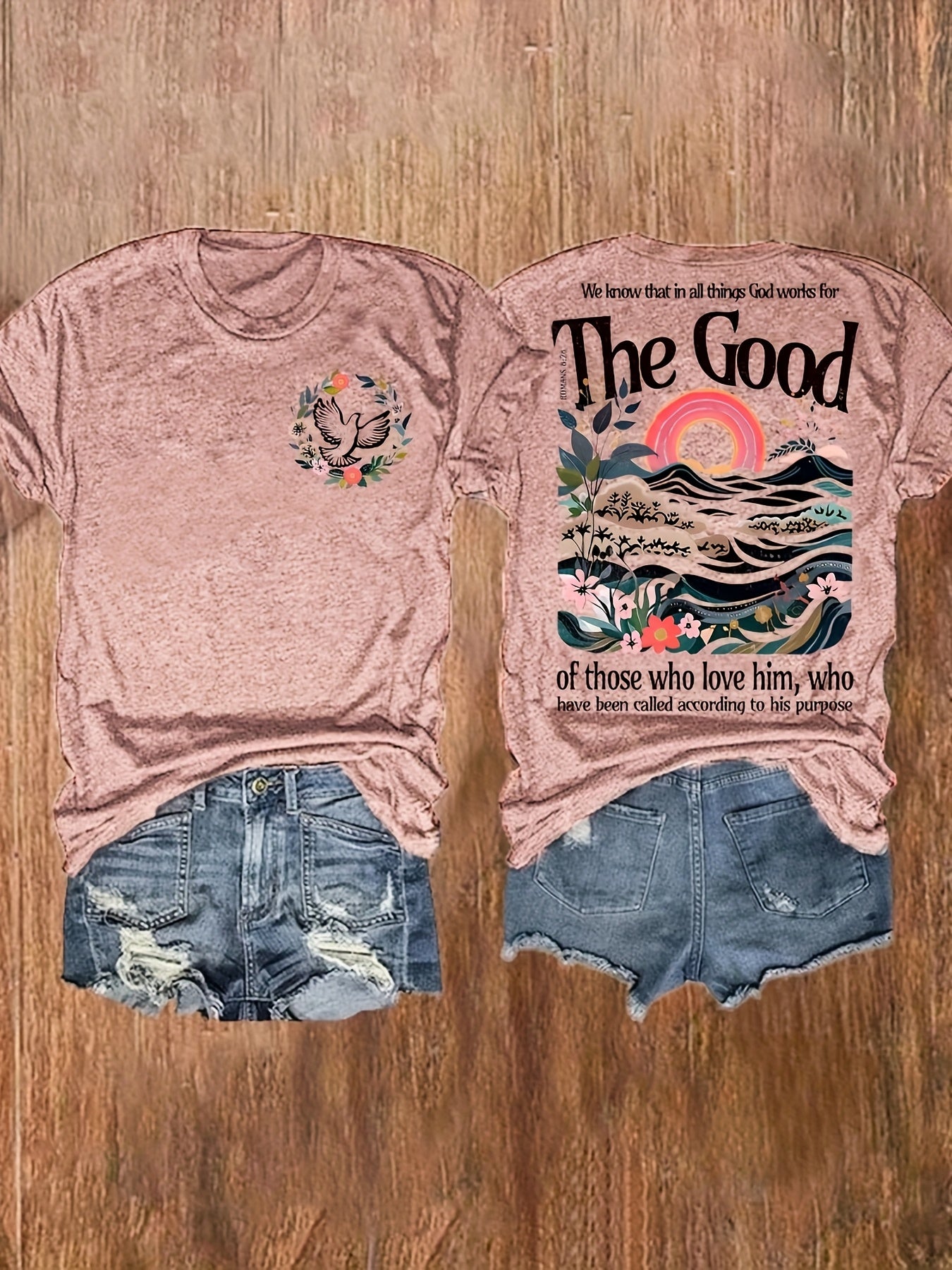 Women's Inspirational "The Good" Floral & Mountain Graphic Print T-Shirt - Soft Stretch Crew Neck Short Sleeve Casual Top, Machine Washable Regular Fit Tee for Summer & Spring, Ladies T Shirts, Vacation Clothing, Artistic Design, Nontransparent Material