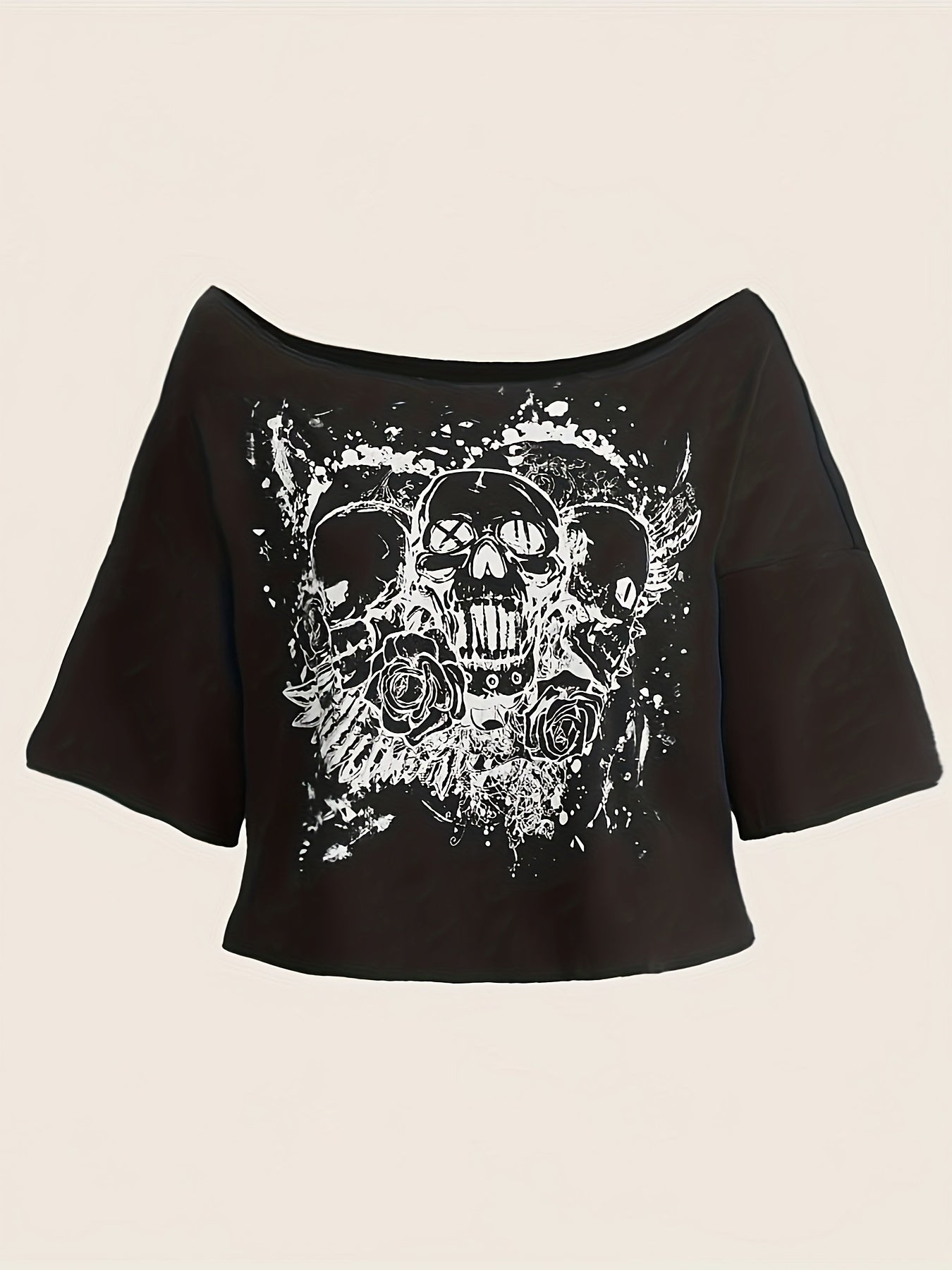 Floral Skull Print Slant Shoulder T-Shirt - Vintage Short Sleeve Tee for Spring/Summer, Women's Y2K/Grunge Style