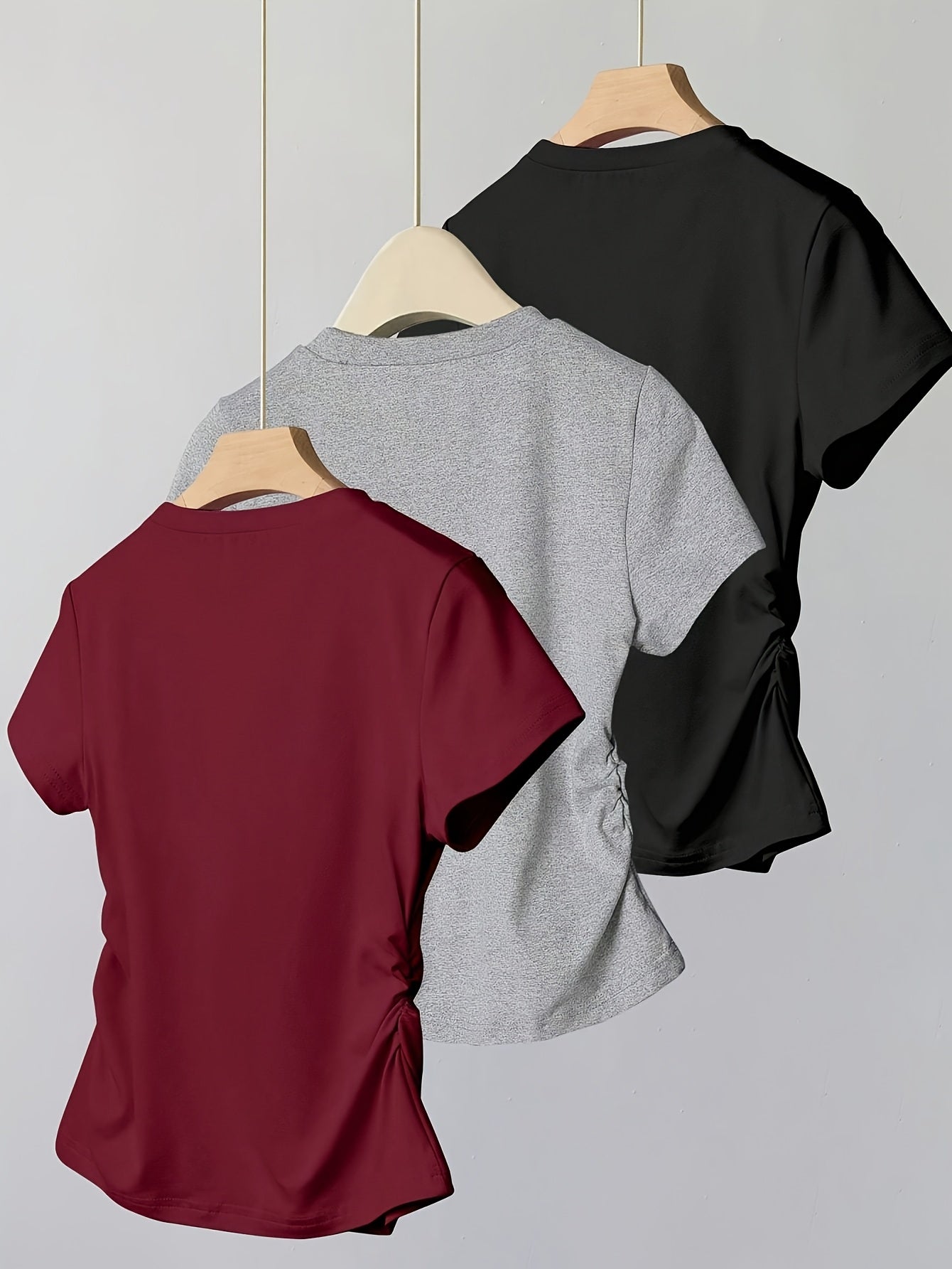 Elegant Solid Color Ruched Short Sleeve T-Shirt for - Versatile Casual Top with "I'm Not Old I'm Unique" Graphic, Perfect for Spring/Summer, Casual Wear | Ruched Design | Construction, T Shirts