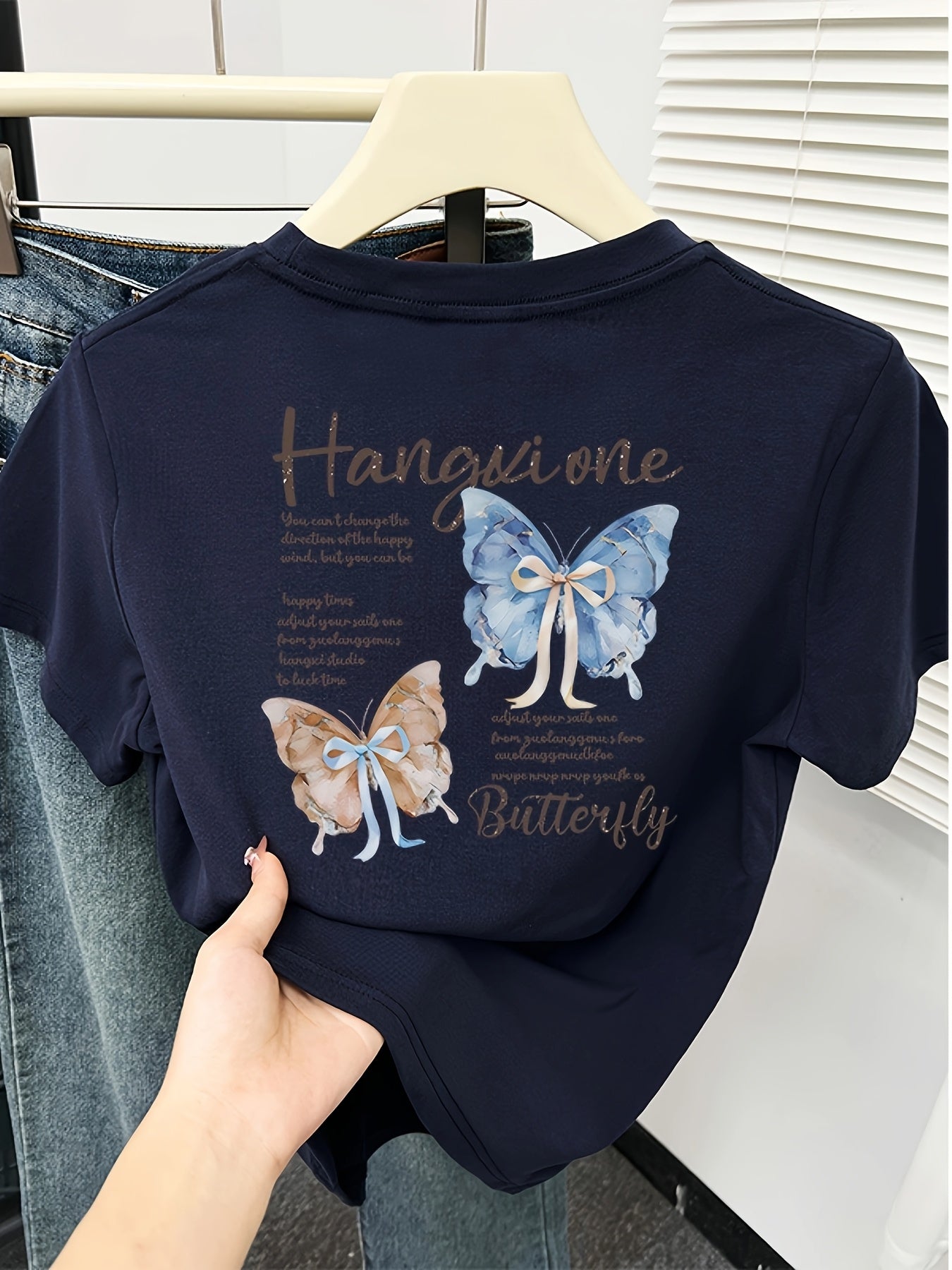 Women'S Slim-Fit Butterfly Print T-Shirt - "Hangin' One" Design with Blue & Brown Butterflies, Casual Short Sleeve Top for Spring/Summer, Butterfly Shirt