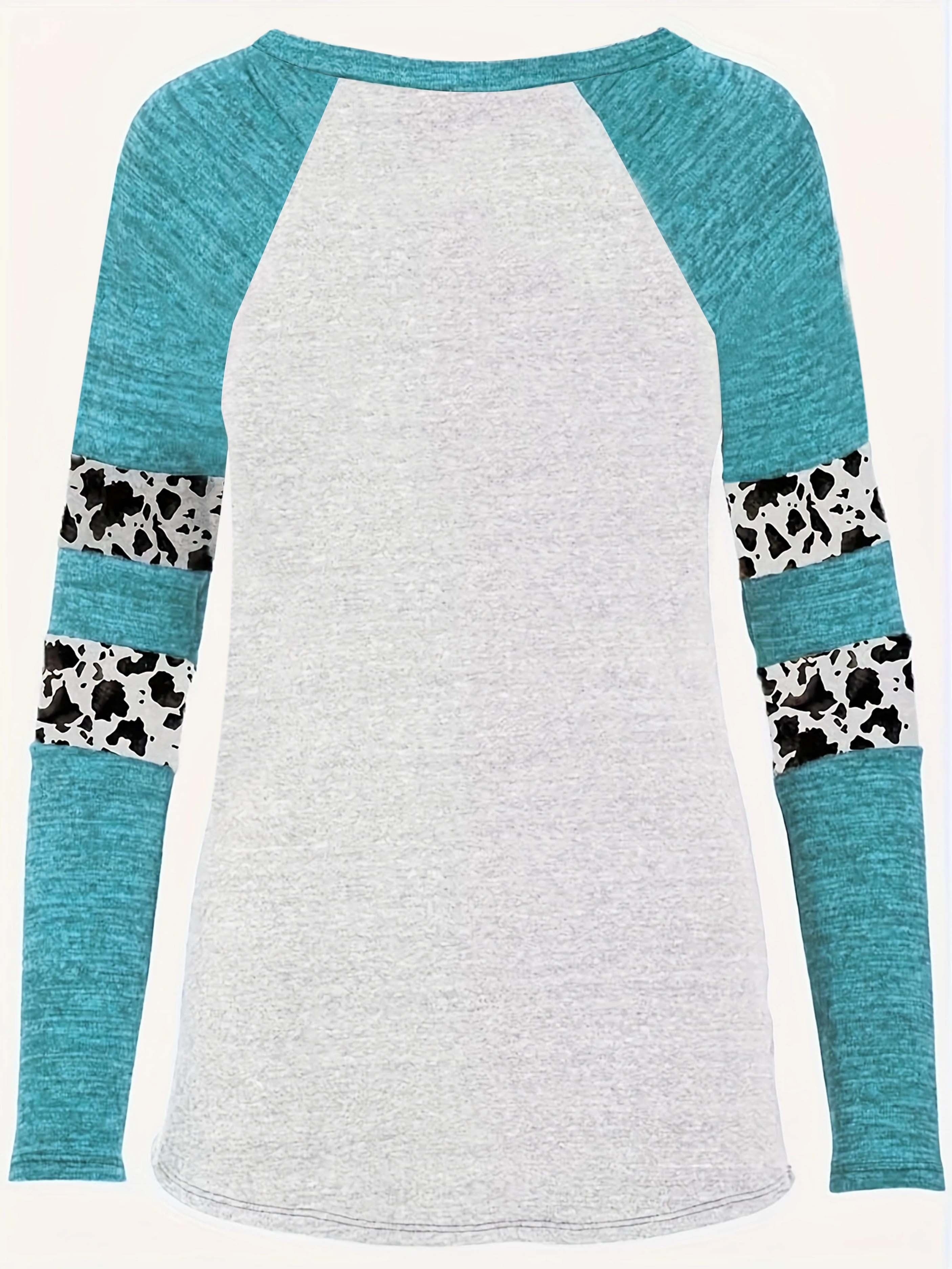 Women'S Casual Long Sleeve T-Shirt with Geometric Print - Relaxed Fit Round Neck, Machine Washable, Spring & Fall Essential for Casual Attire and Loungewear, Ladies T Shirts, Seasonal Fashion, Colorful Striped Sleeves, Comfortable Fabric