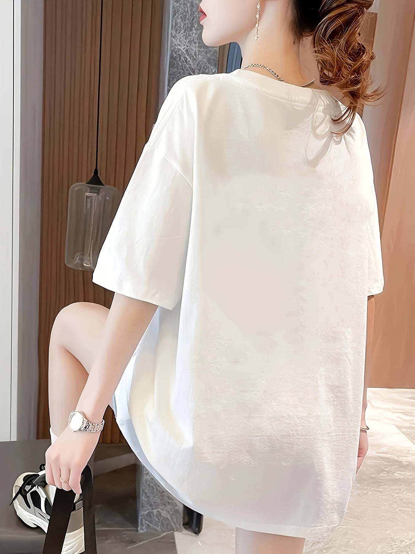 Women'S Y2K Style White V-Neck Short Sleeve T-Shirt - Casual Loose Fit, Half Sleeve, High Stretch, Cartoon Heart Print, Perfect for Spring/Summer/Fall, Versatile Casual Top, Everyday Tshirt | Y2K Fashion | Highstretch Fabric