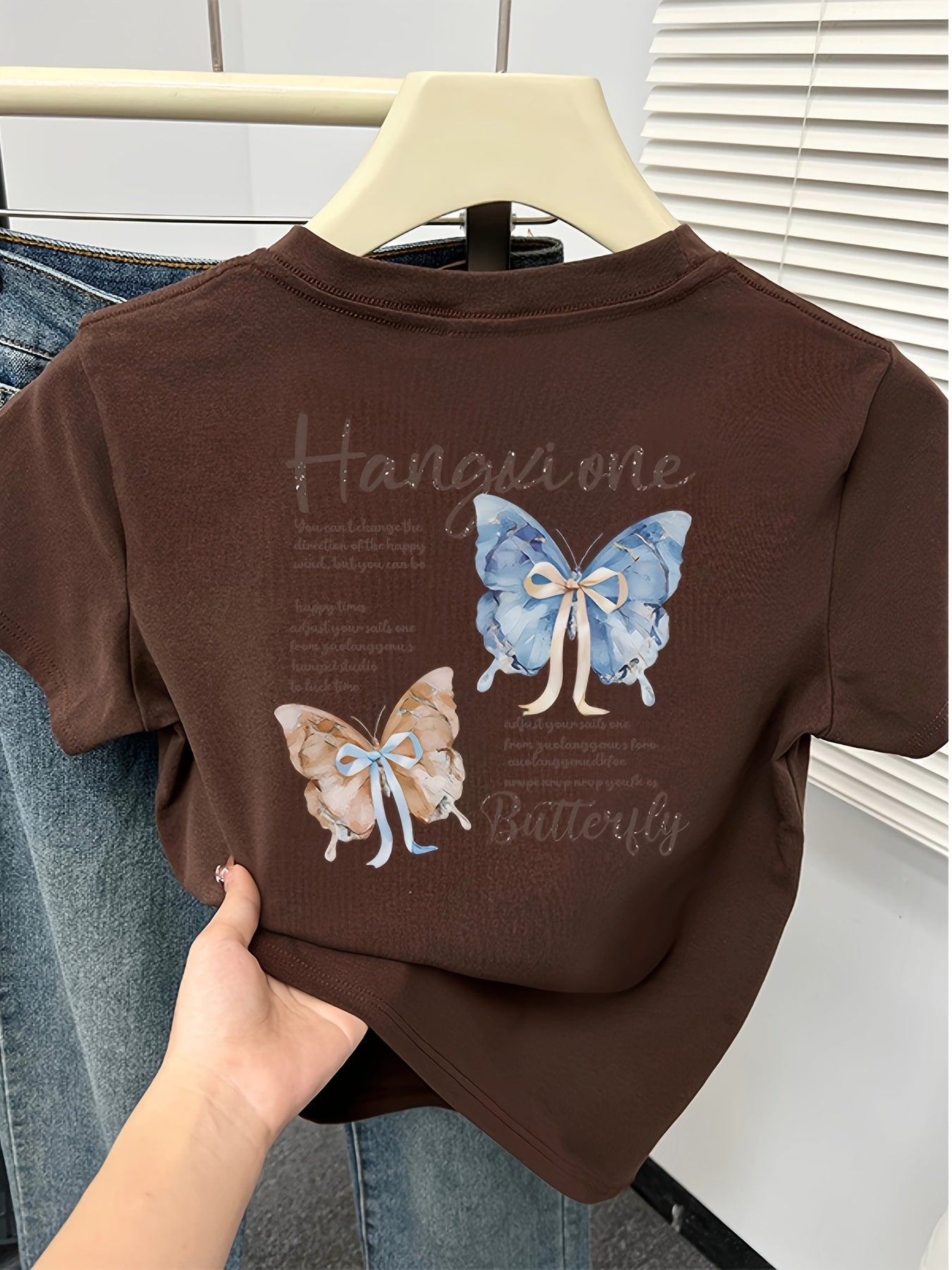 Women'S Slim-Fit Butterfly Print T-Shirt - "Hangin' One" Design with Blue & Brown Butterflies, Casual Short Sleeve Top for Spring/Summer, Butterfly Shirt